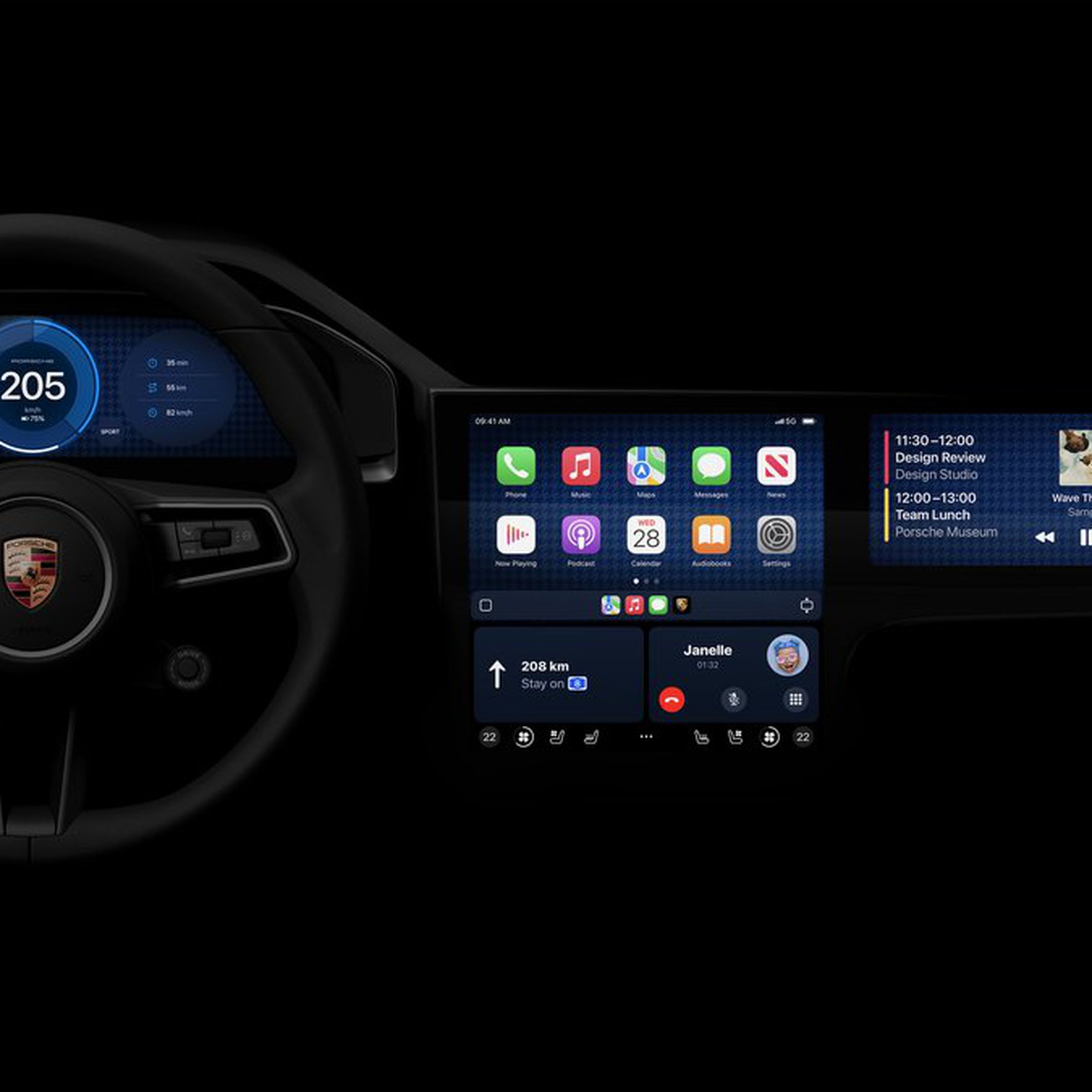 Apple CarPlay UI across three simulated Porsche in-car screens