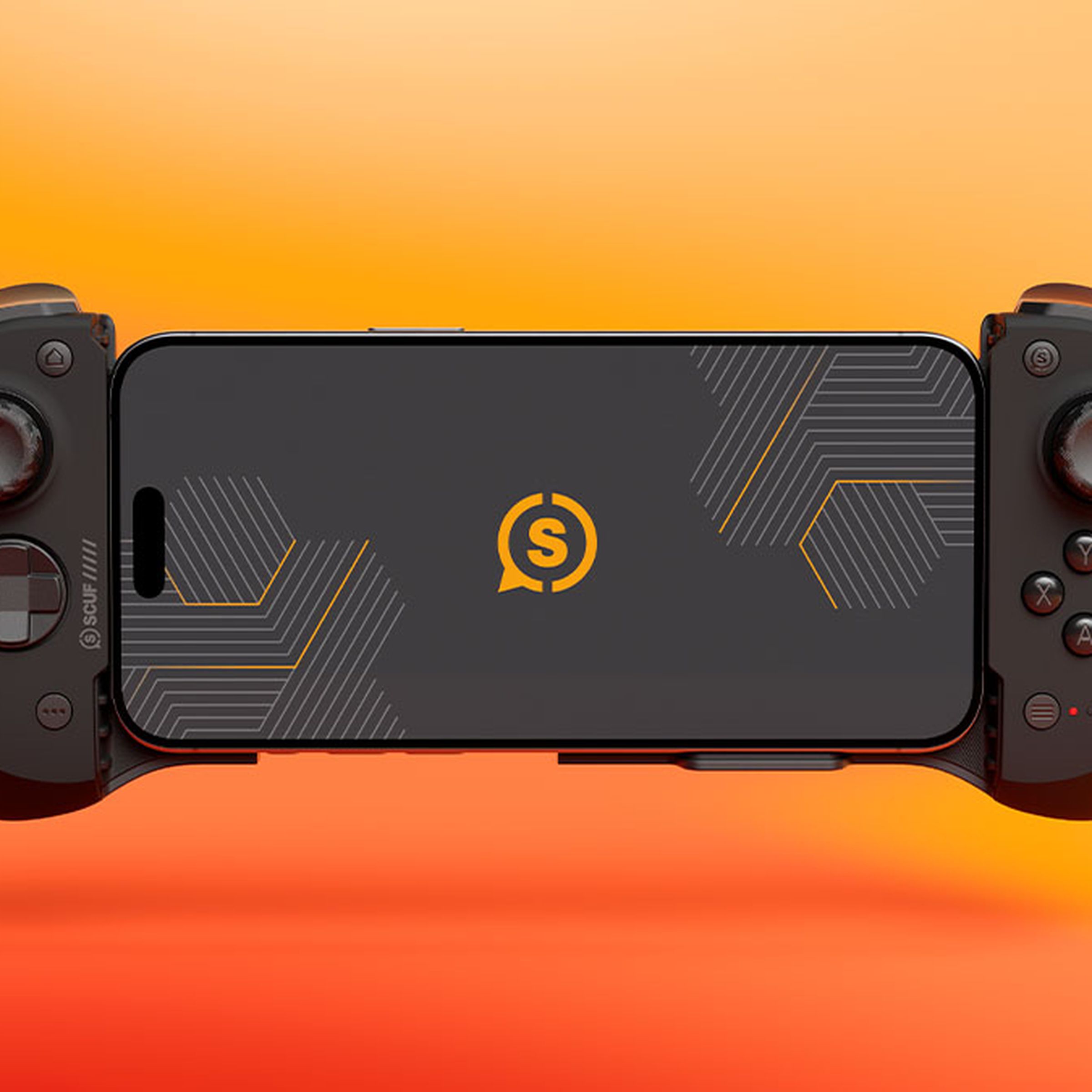 The Scuf Nomad controller with an iPhone clamped into its center, on an orange background.