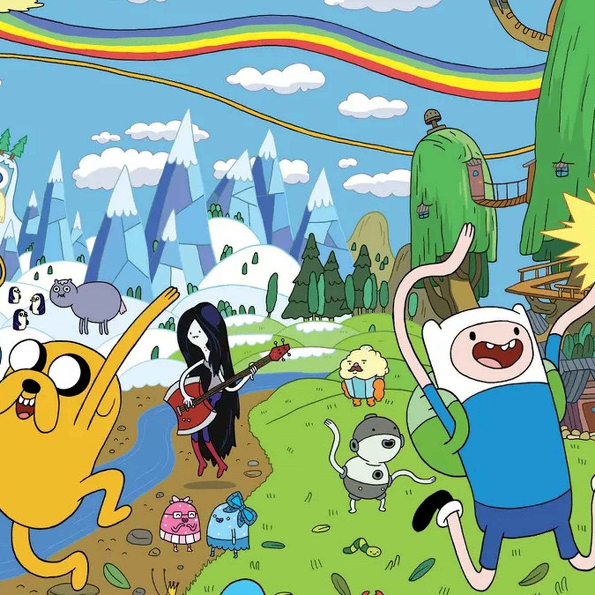 Characters from Adventure Time frolicking on grassy hills.
