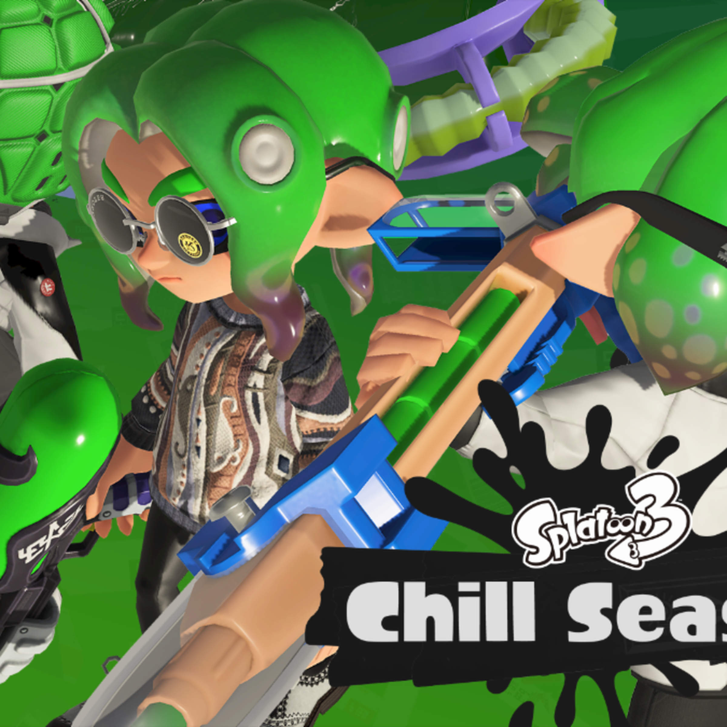 Graphic depicting three green octolings from Splatoon 3 over a background splattered with bright green paint and the words “Chill Season 2022” in the bottom-right corner