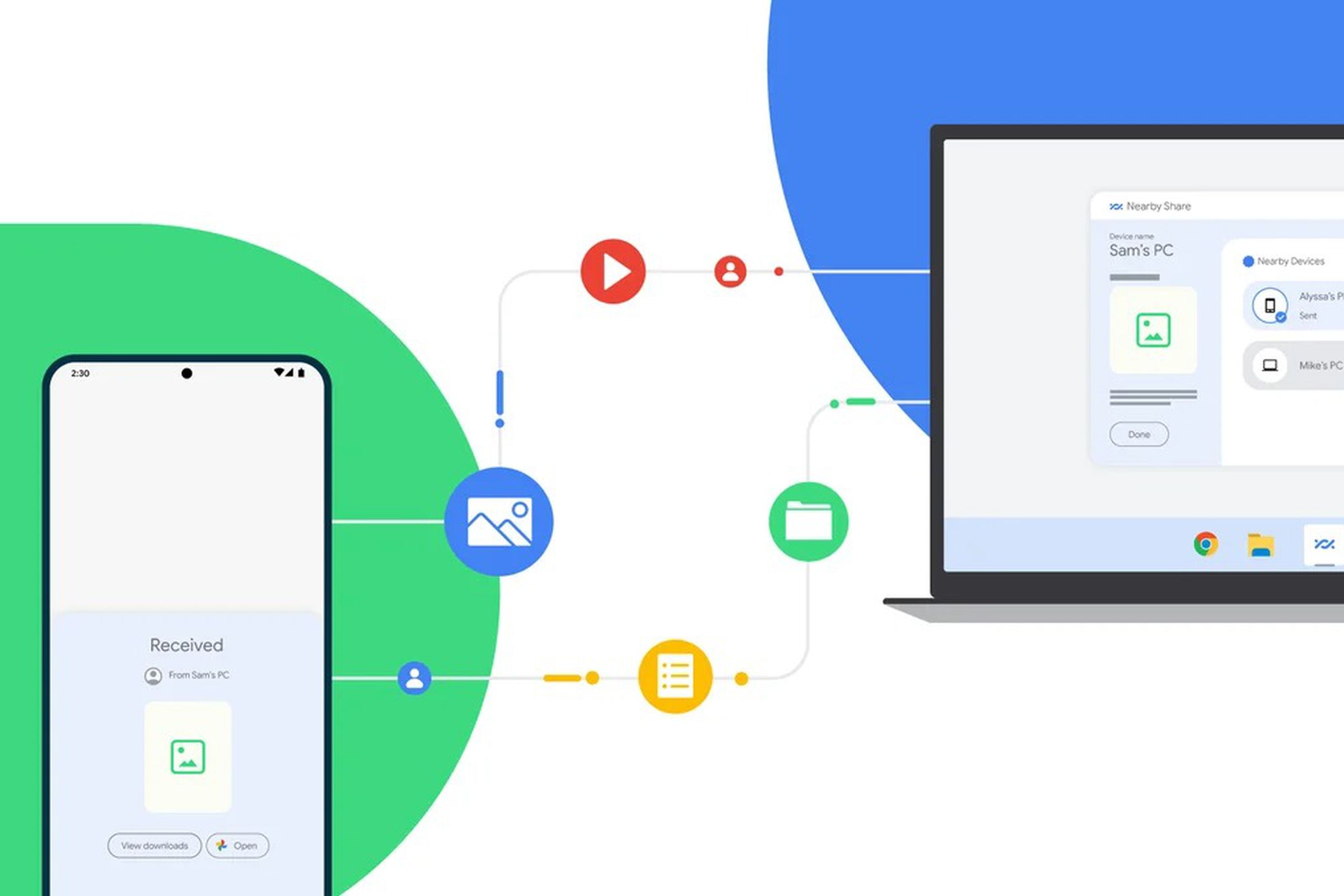 Google’s illustration for Nearby Share that shows a smartphone and a computer sending things to each other.