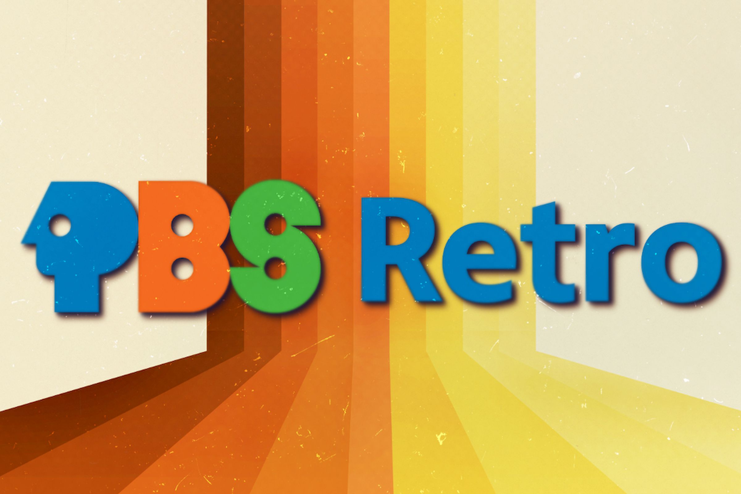 PBS Retro text logo with a film grain filter and a background VHS style rainbow with rustic burnt Sienna colors.