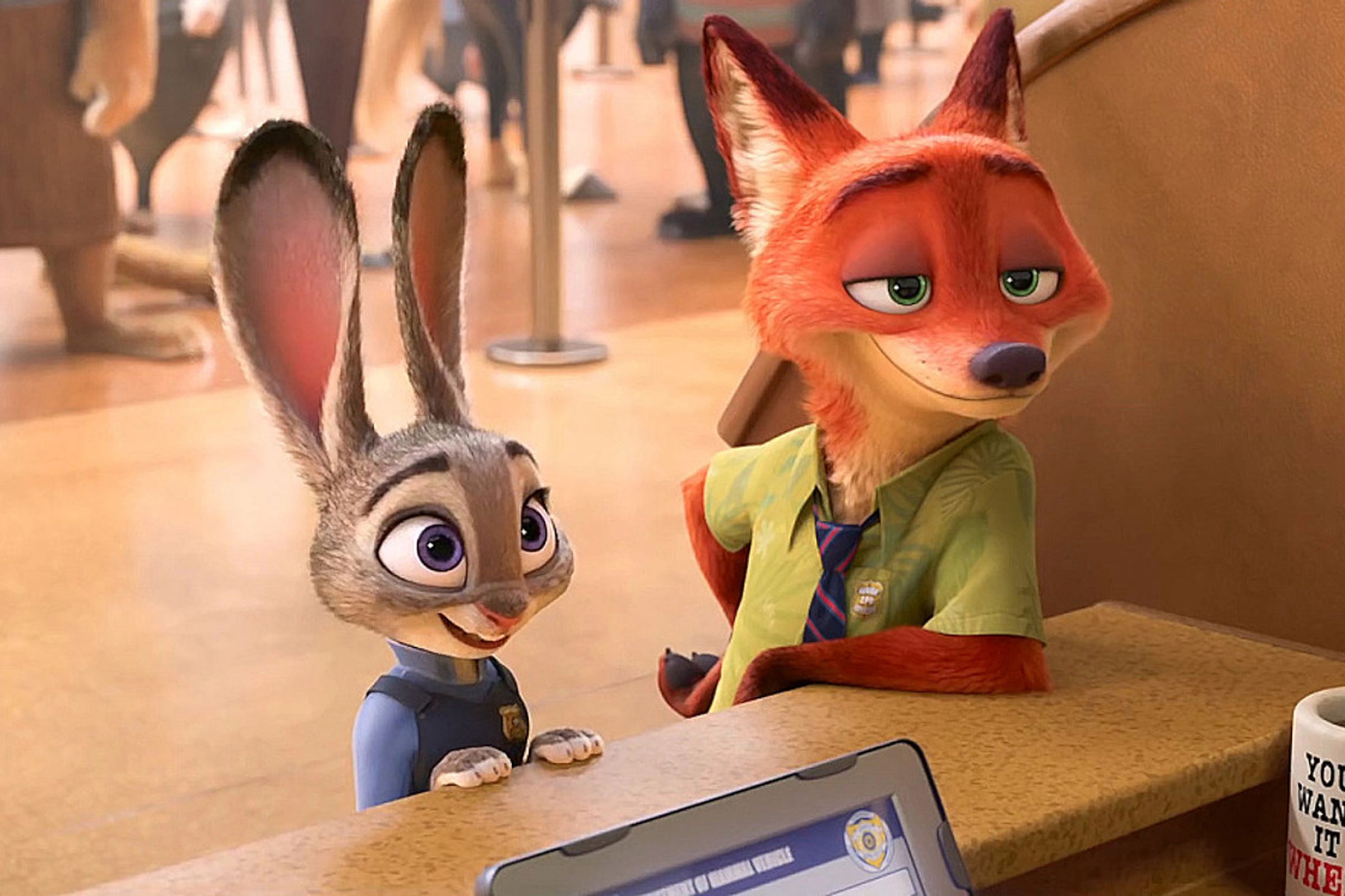An anthropomorphic rabbit in a police uniform and an anthropomorphic fox in a green shirt and tie standing at a counter.