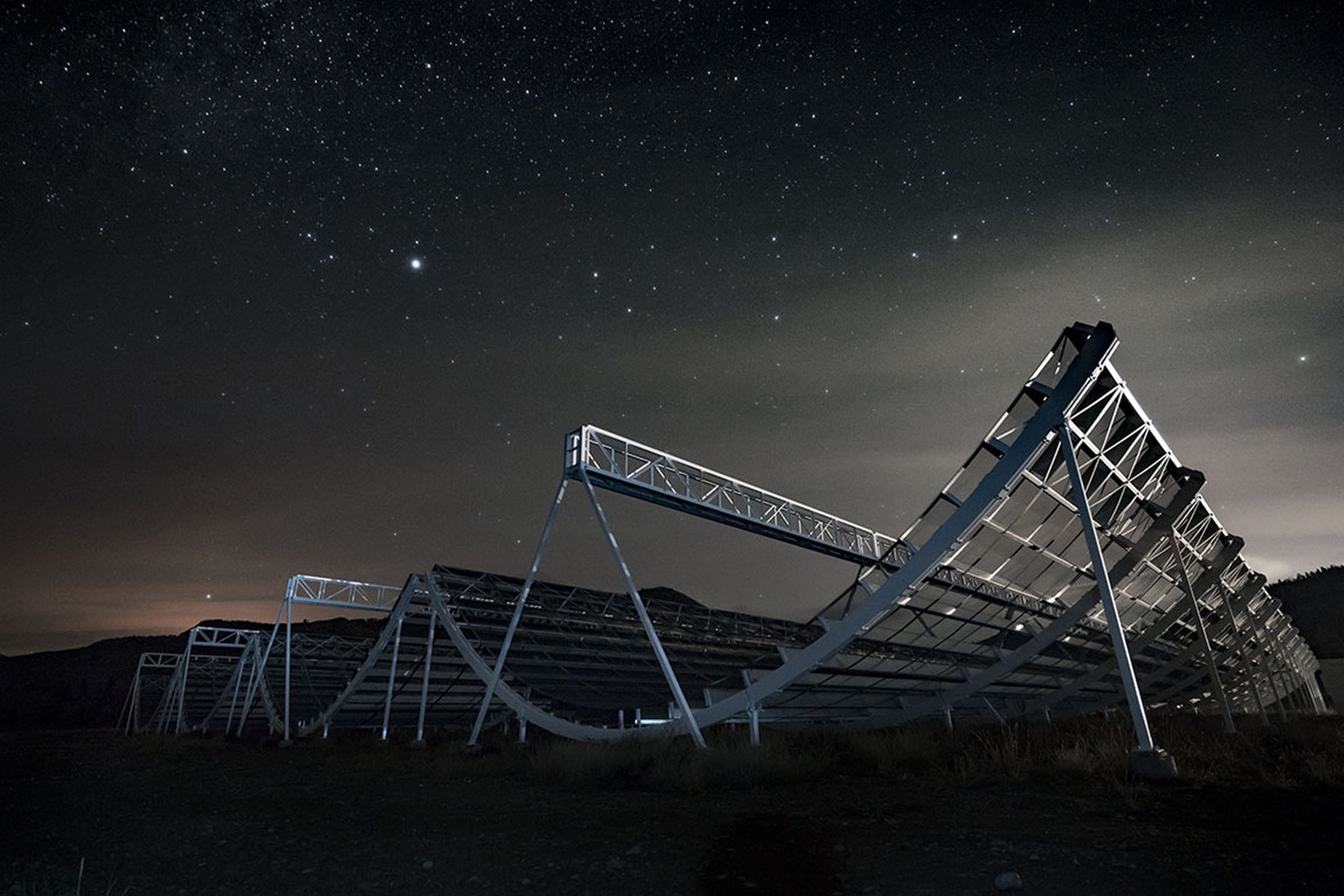 The CHIME telescope looking up at the night sky.