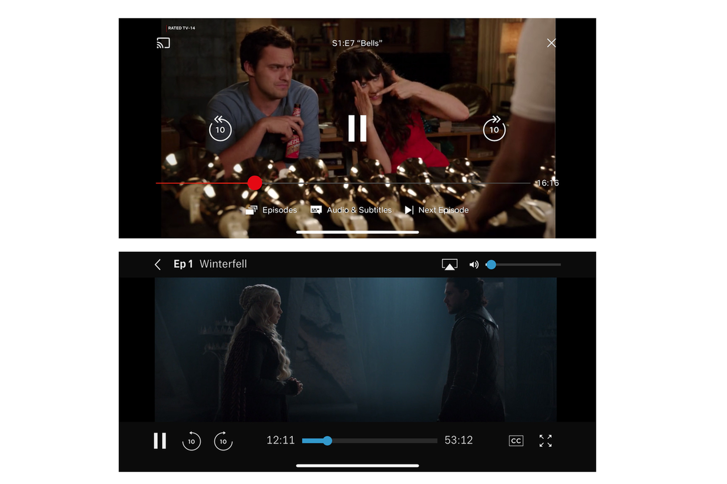 Default playback on Netflix and HBO’s iOS apps (content has been edited back into screenshots)