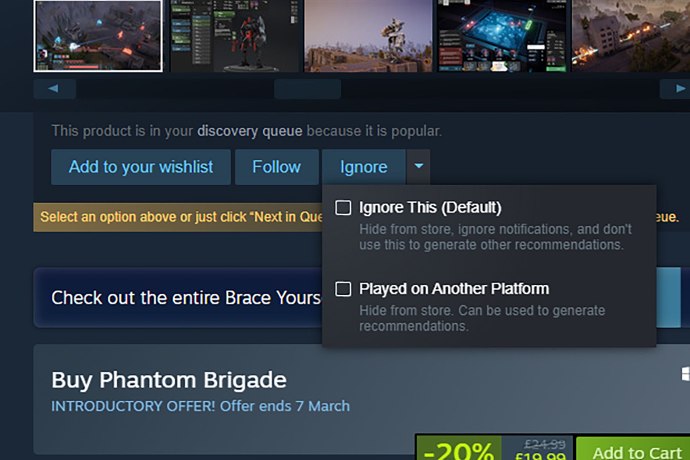 Part of a Steam page for Phantom Brigade showing a pop-out menu that says “Ignore This (Default)” and “Played on Another Platform.”