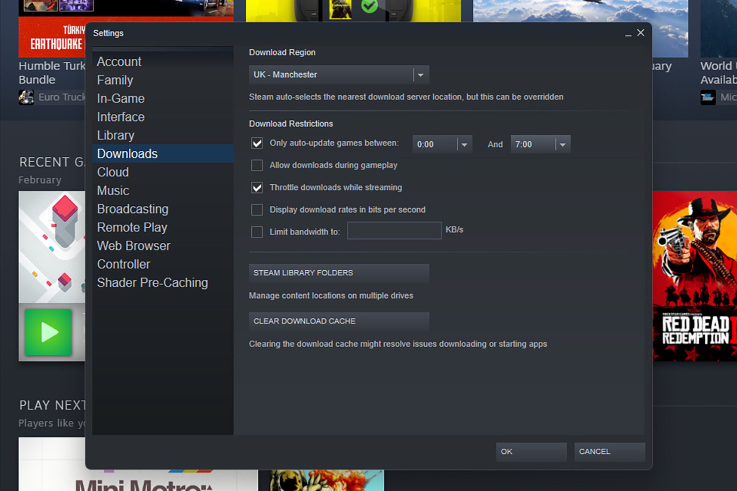Steam web page with download options; two are checked: Only auto update games between 0:00 and 7:00, and Throttle downloads while streaming.