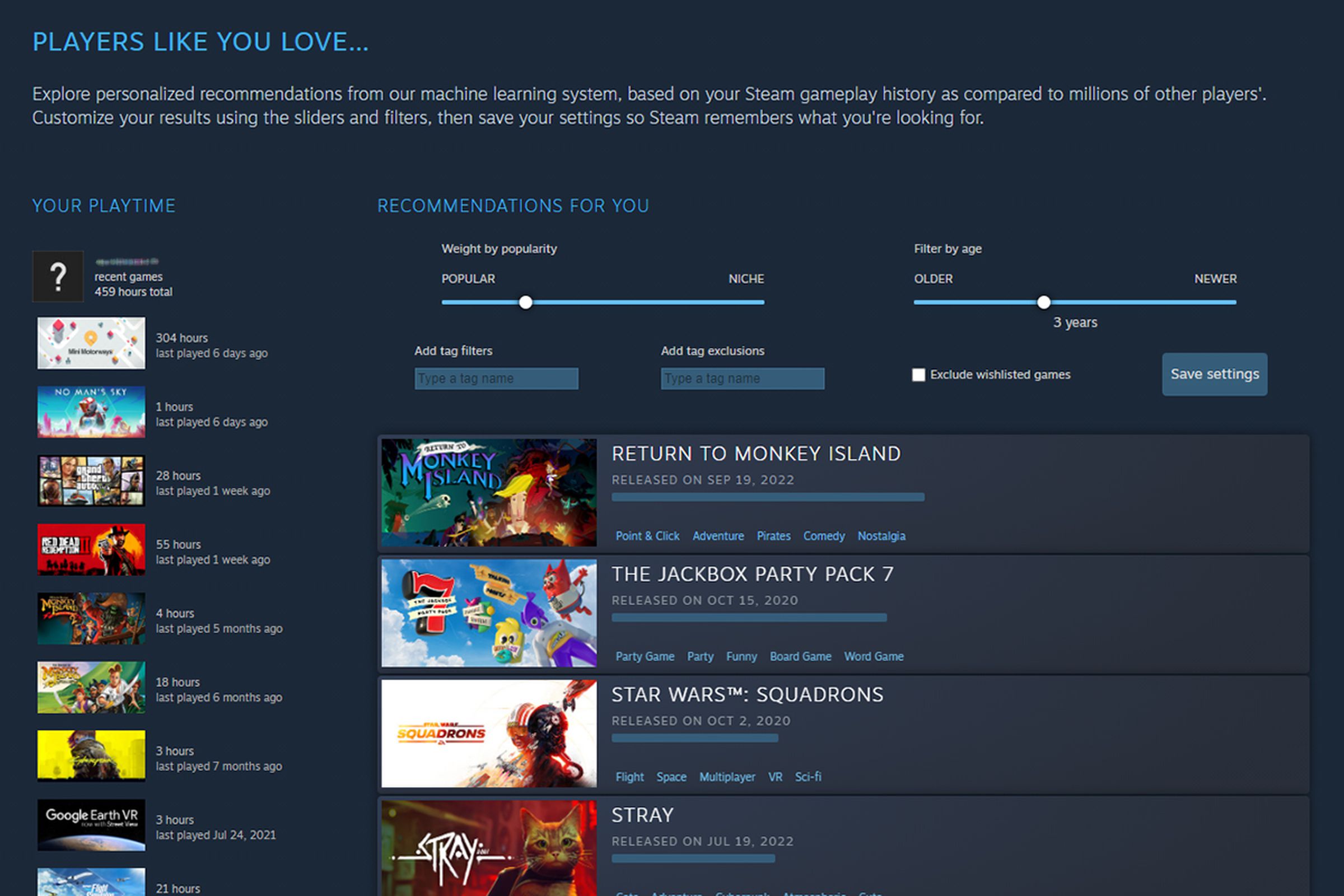 Steam page with title “PLAYERS LIKE YOU LOVE...” and below that lists of games you’ve played on the left and a list of recommended games in center.