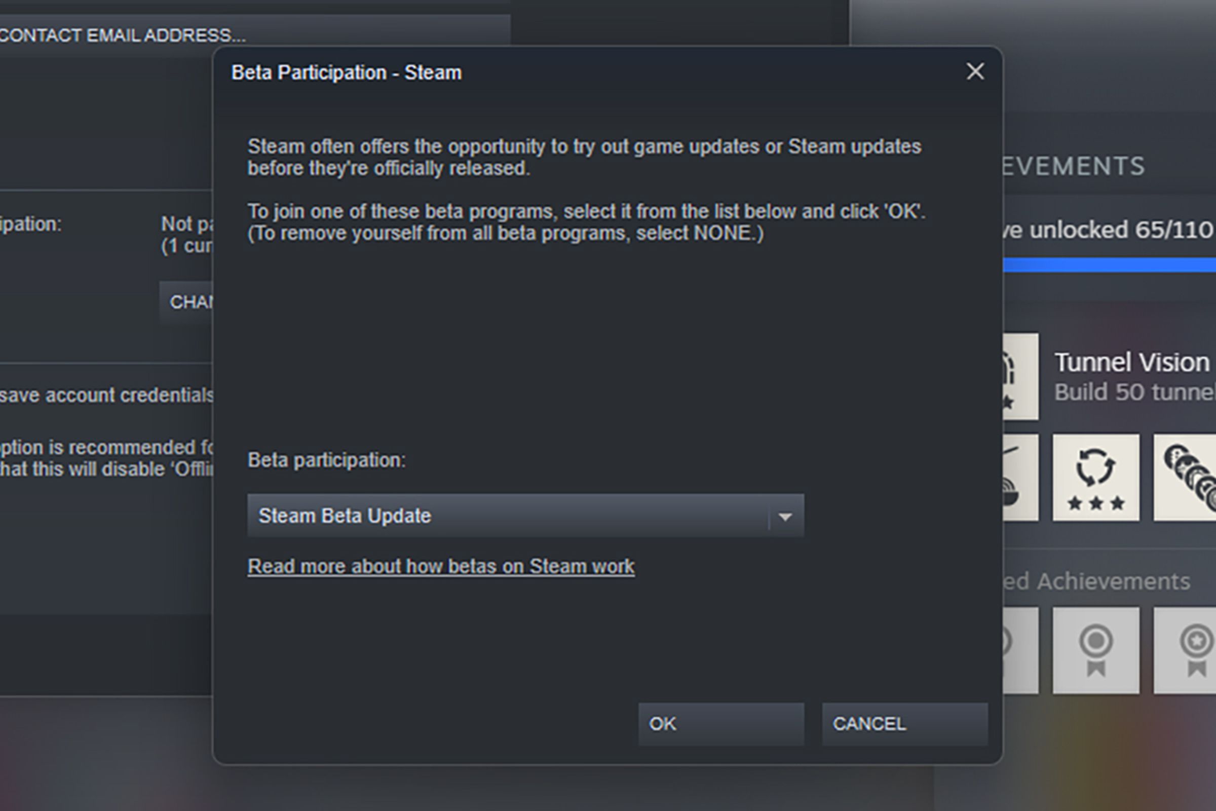 Screen pop-up headed “Beta Participation - Steam” with text describing how to join the beta program.