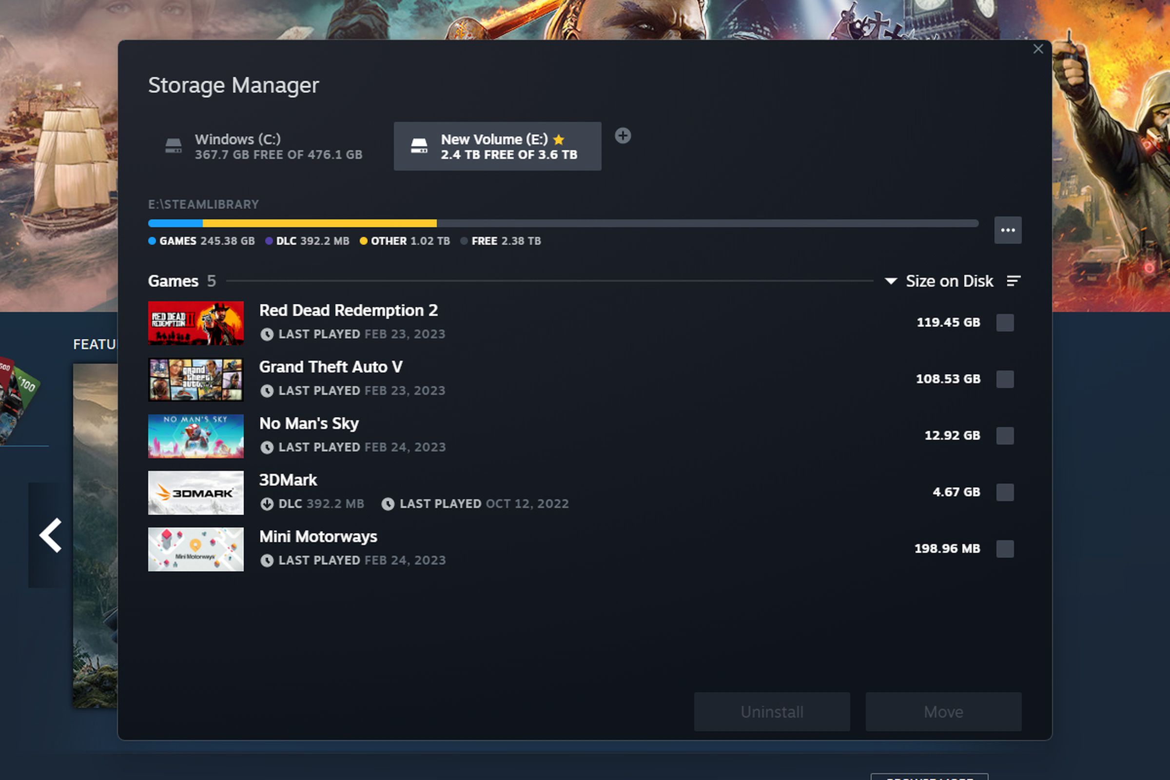 Pop-up windows titled Storage Manager with a line that shows how much disk space is being used and a list of games with their covers and names on the left, and size on disk on the right.