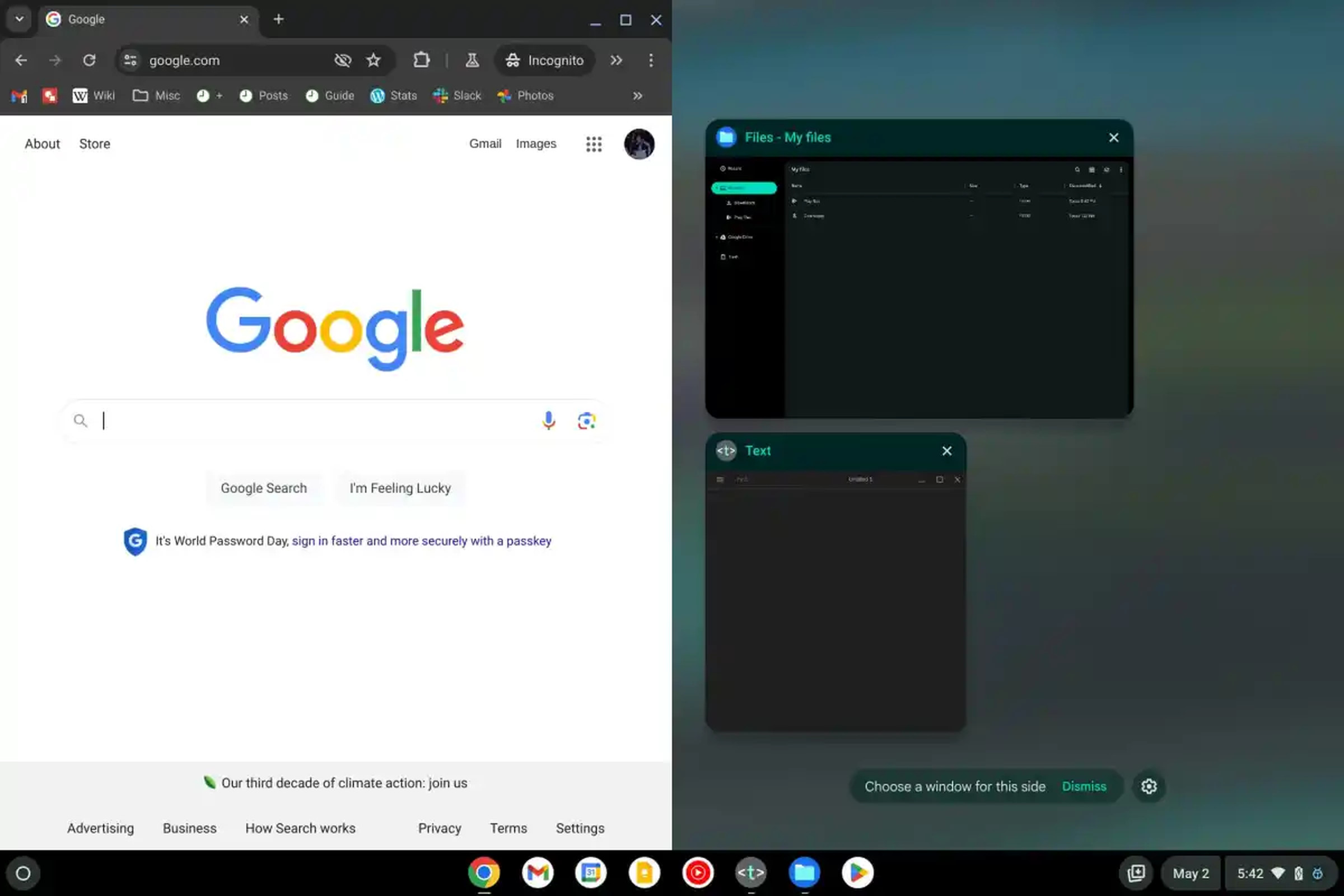 Знімок екрана, на якому показано налаштування розділеного екрана в останній версії ОС Chrome.