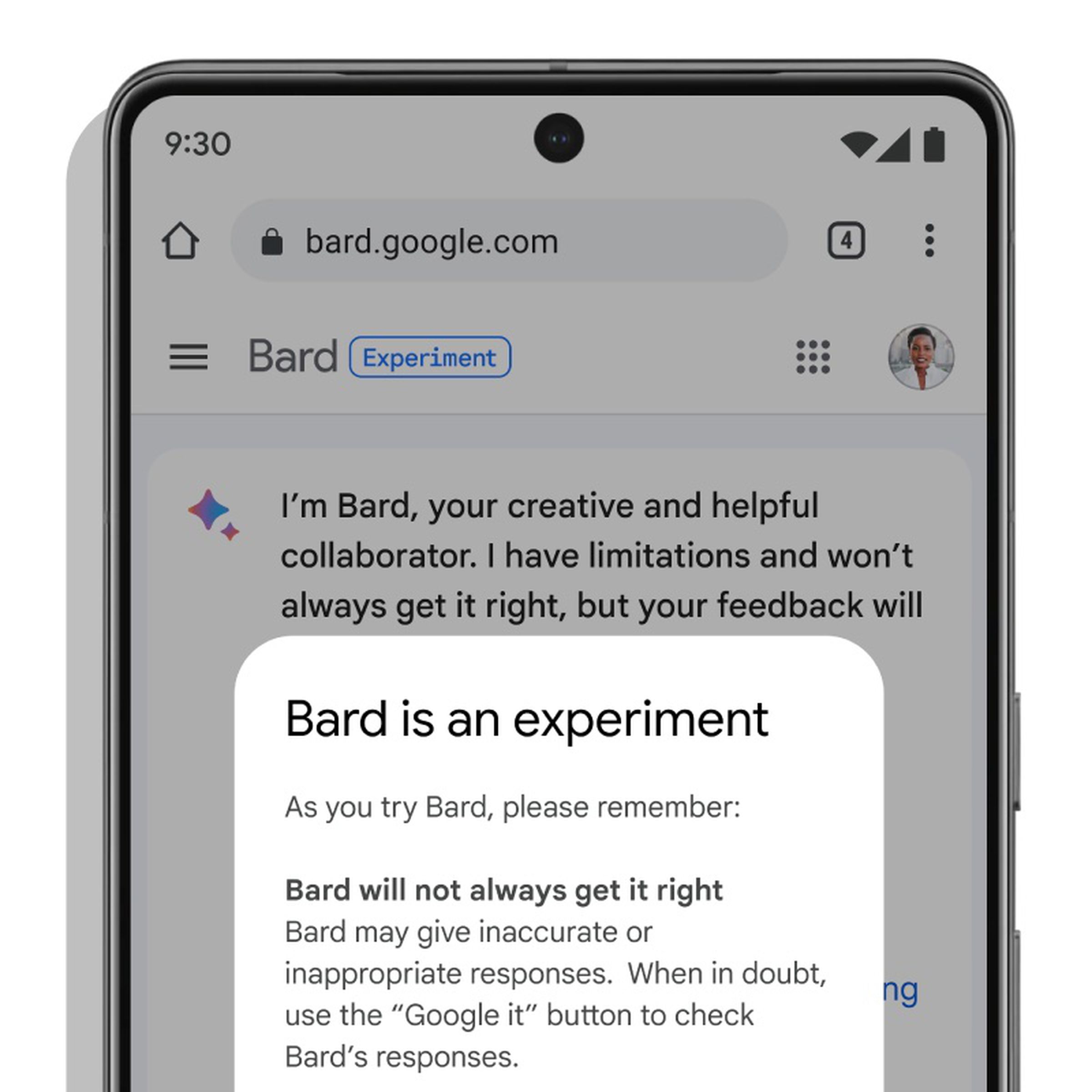 A screenshot showing Bard’s mobile UI with a warning notice: “Bard is an experiment.”