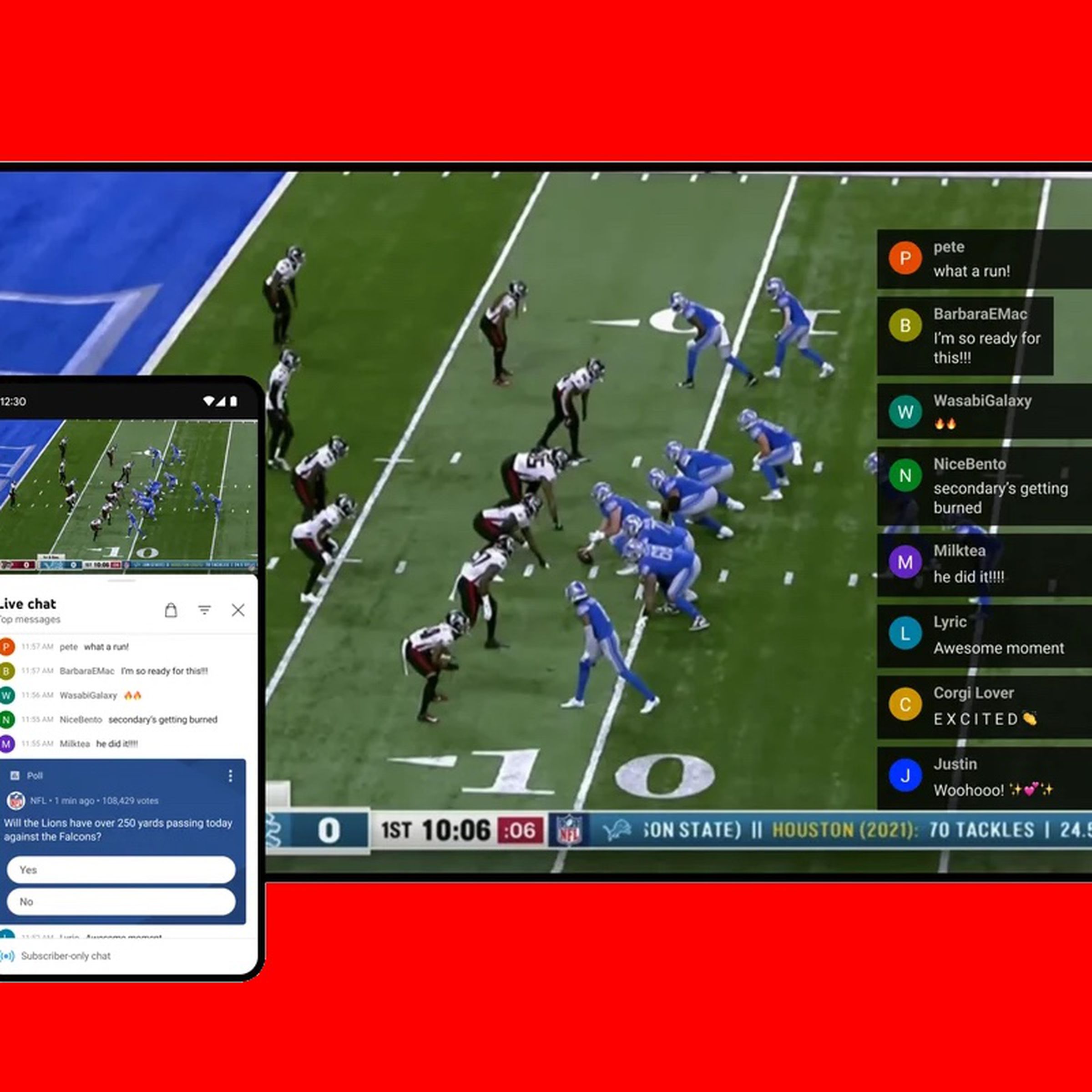 A picture of an NFL game with a live YouTube chat.