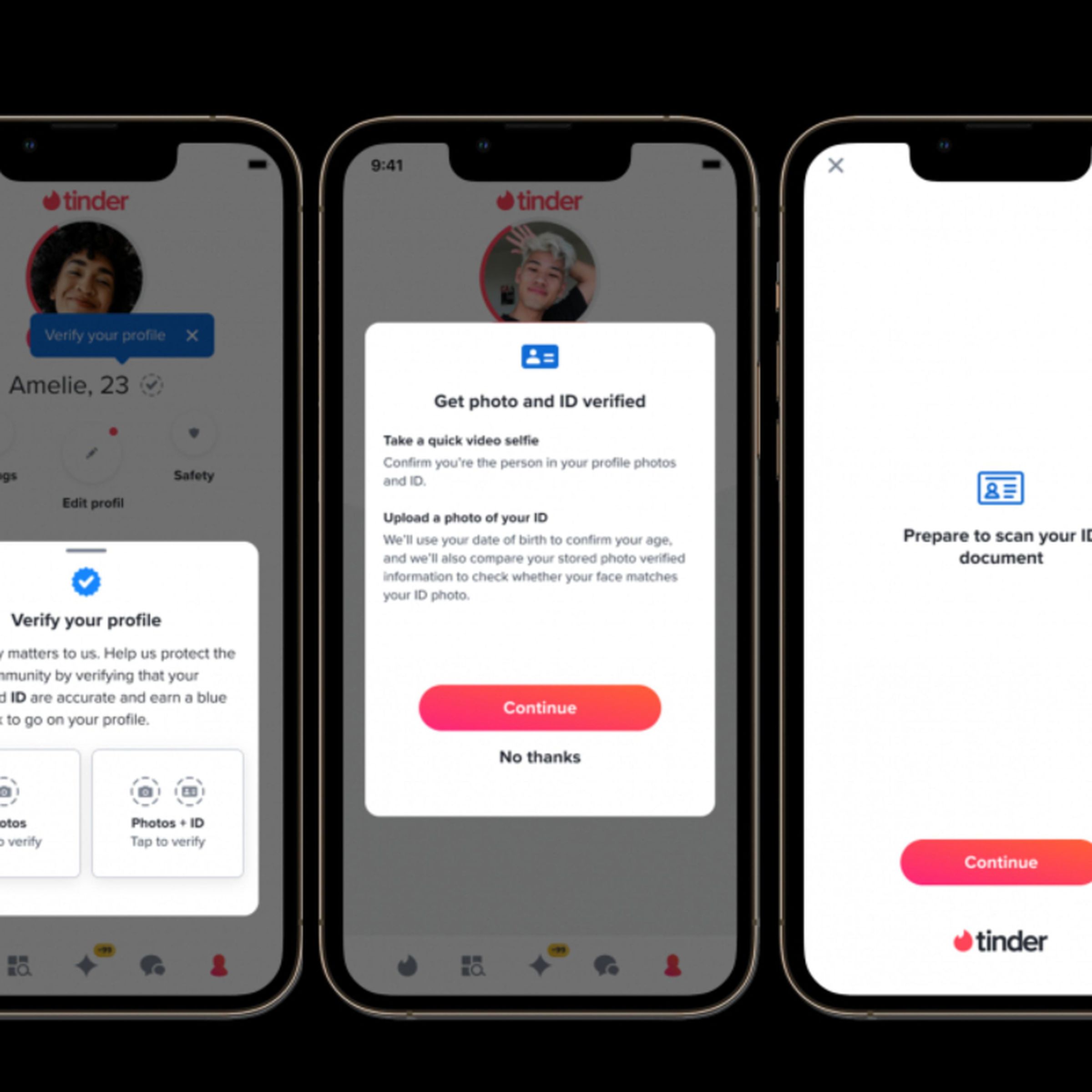 Mobile screenshots showing the process of adding your ID to Tinder