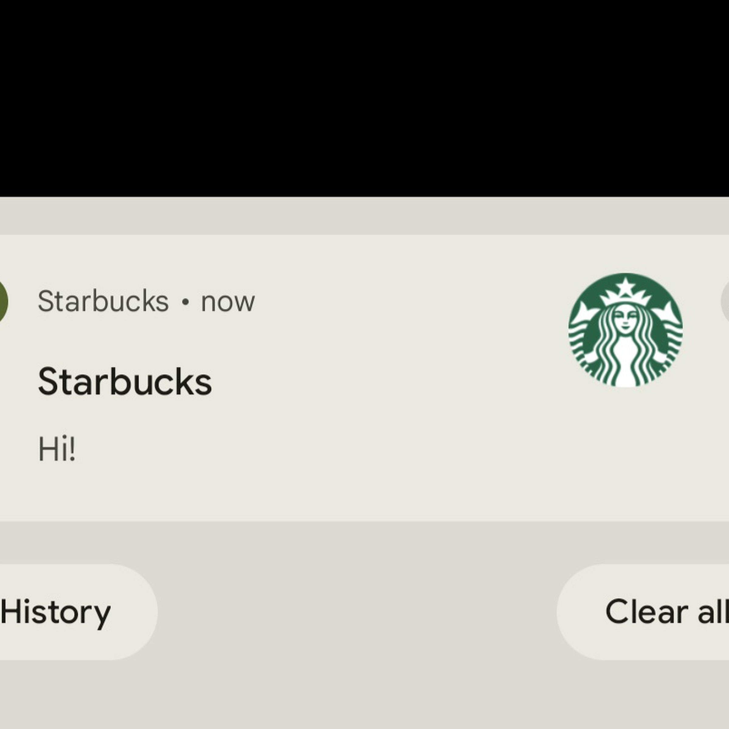 A screenshot of a random “hi” notification from Starbucks.