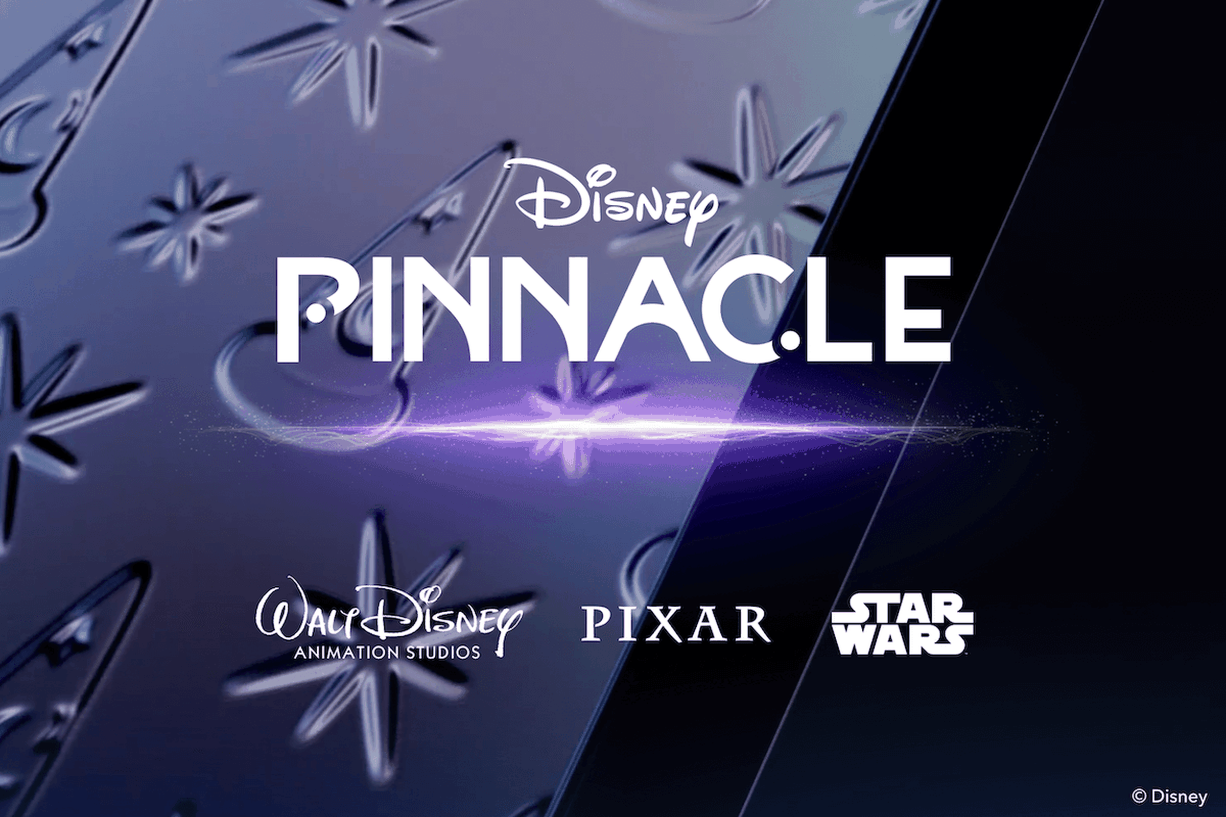 The words “Disney Pinnacle” displayed above logos for Walt Disney Animation Studios, Pixar, and Star Wars.