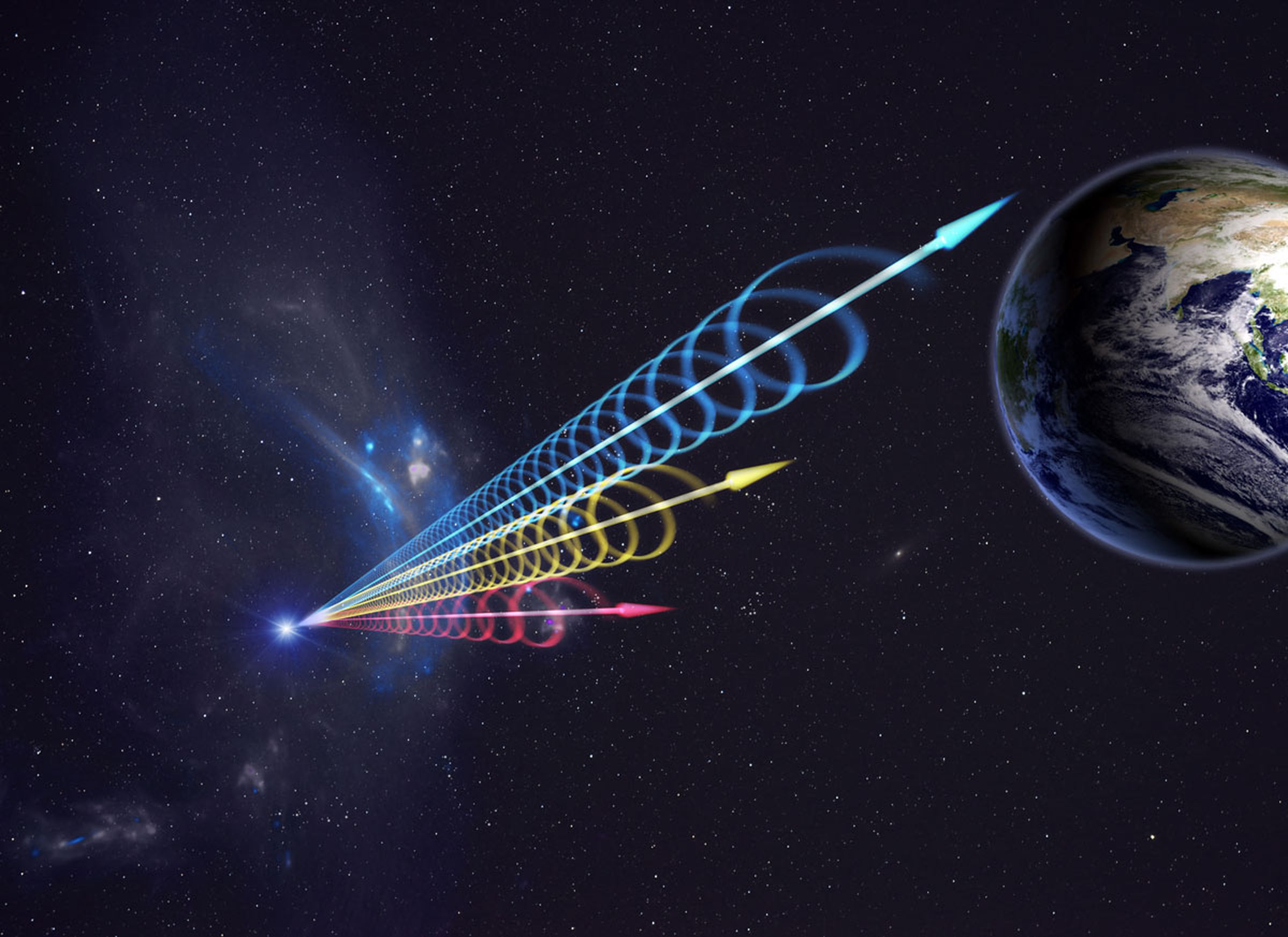 An artistic rendering of an FRB reaching Earth.