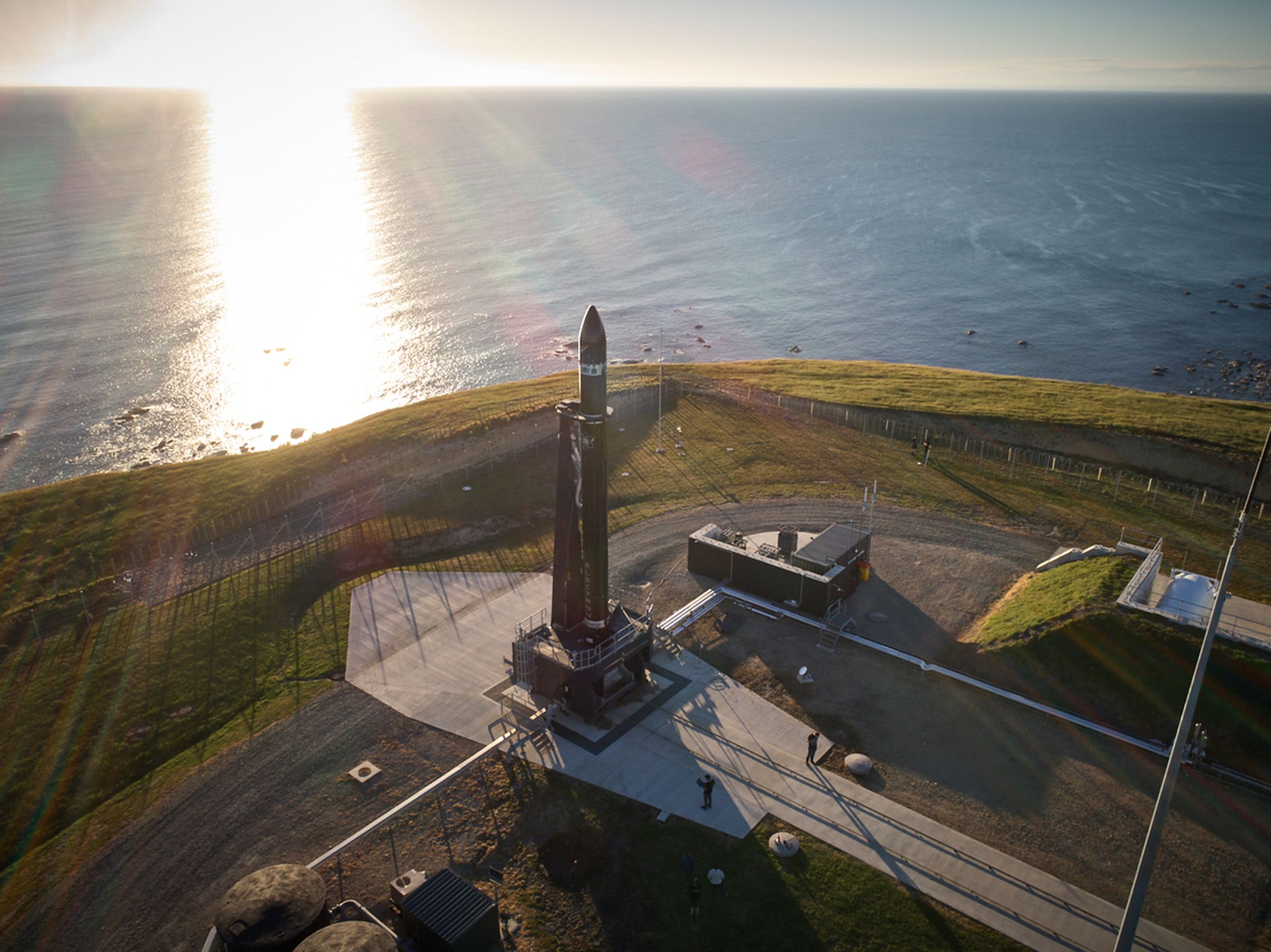 Rocket Lab’s Electron test rocket on the company’s New Zealand launch pad.