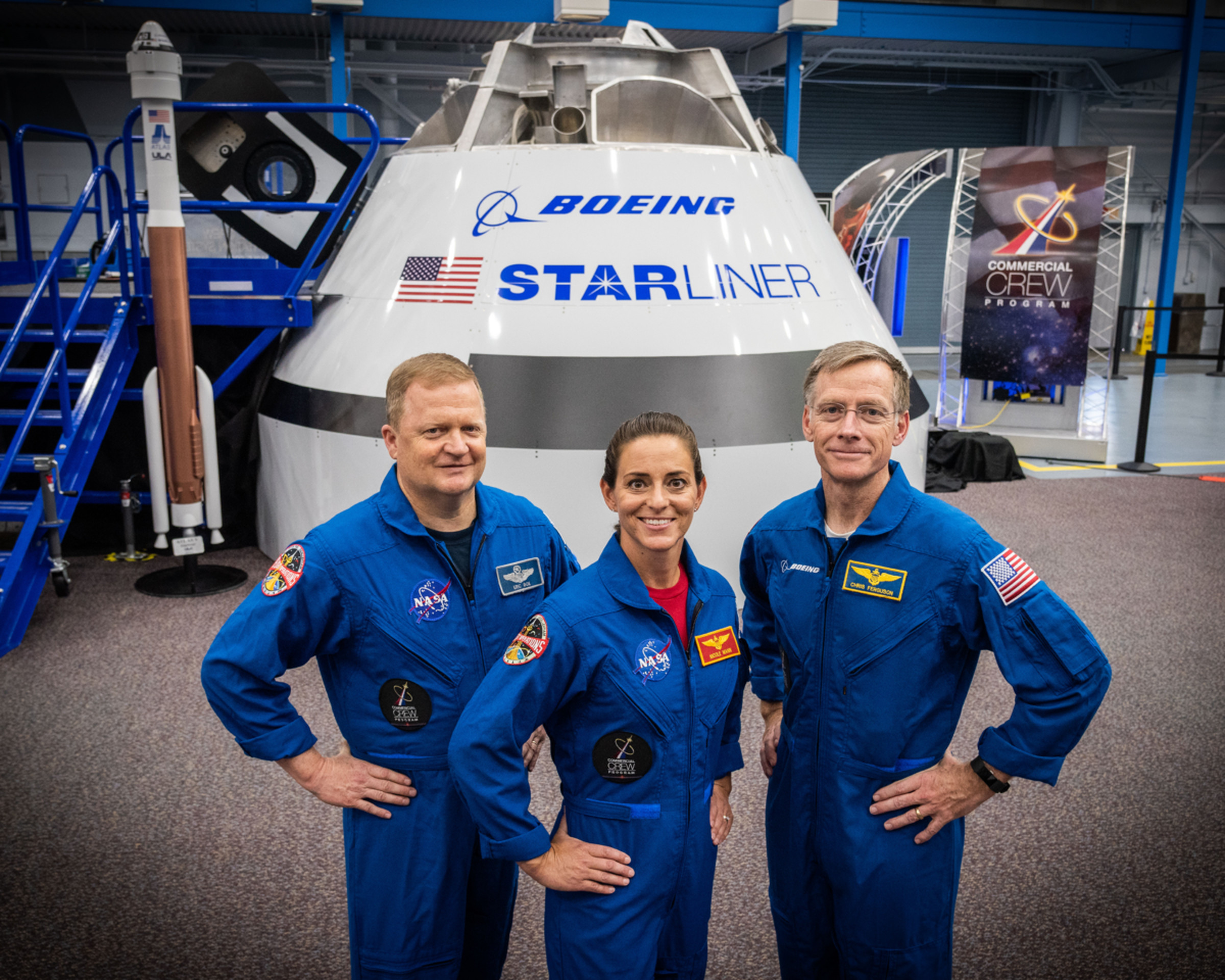 <em>NASA astronauts Eric Boe (L), Nicole Mann (C), and Boeing astronaut Chris Ferguson (R)</em>