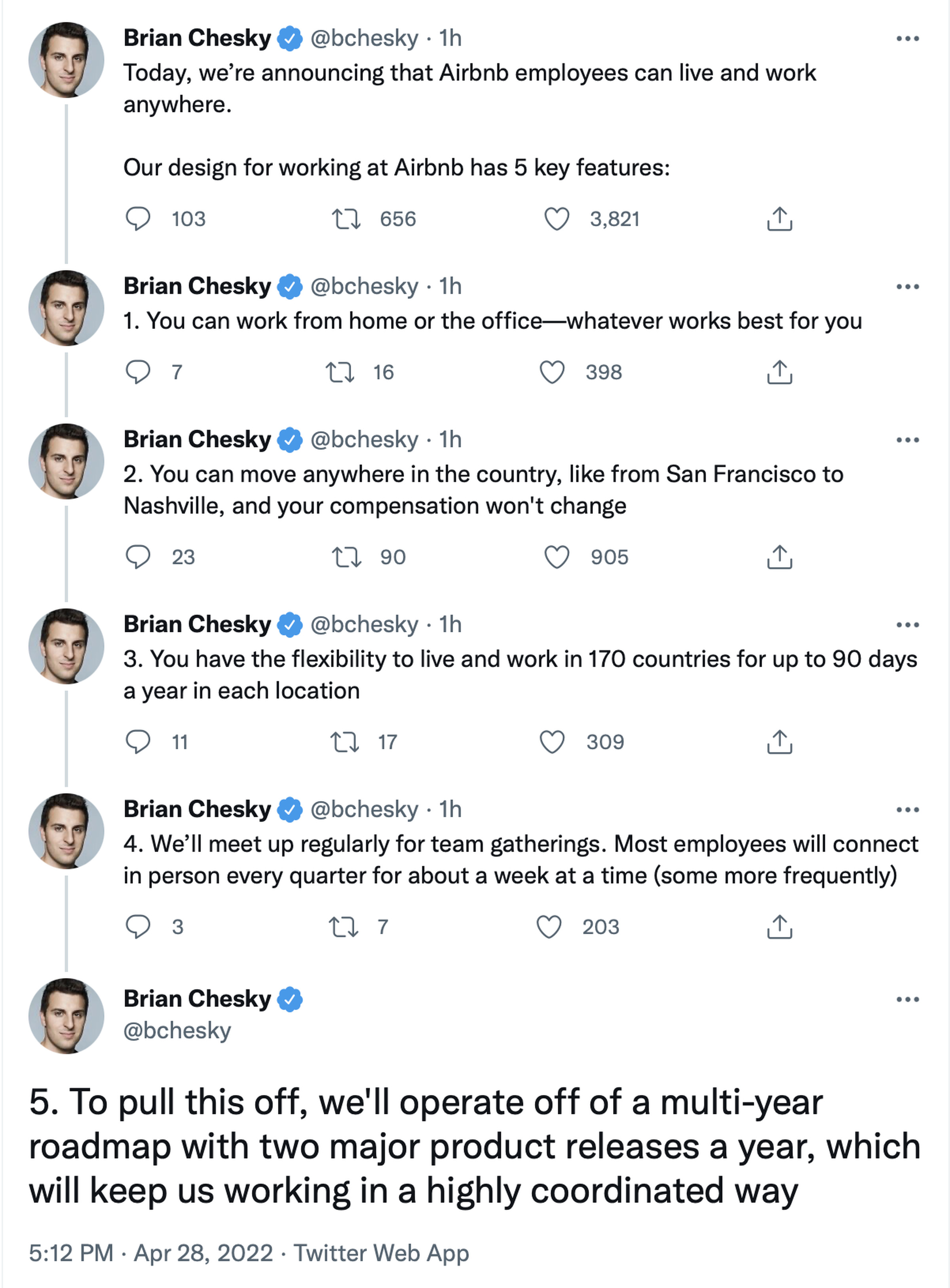 Part of Chesky’s thread announcing Airbnb’s new work policy.