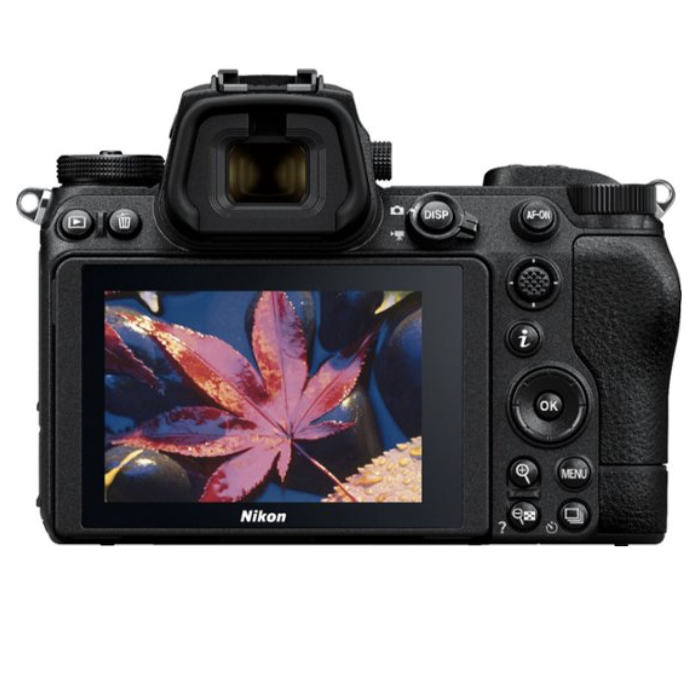 Vizörde çiçek görünen Nikon fotoğraf makinesinin arkası