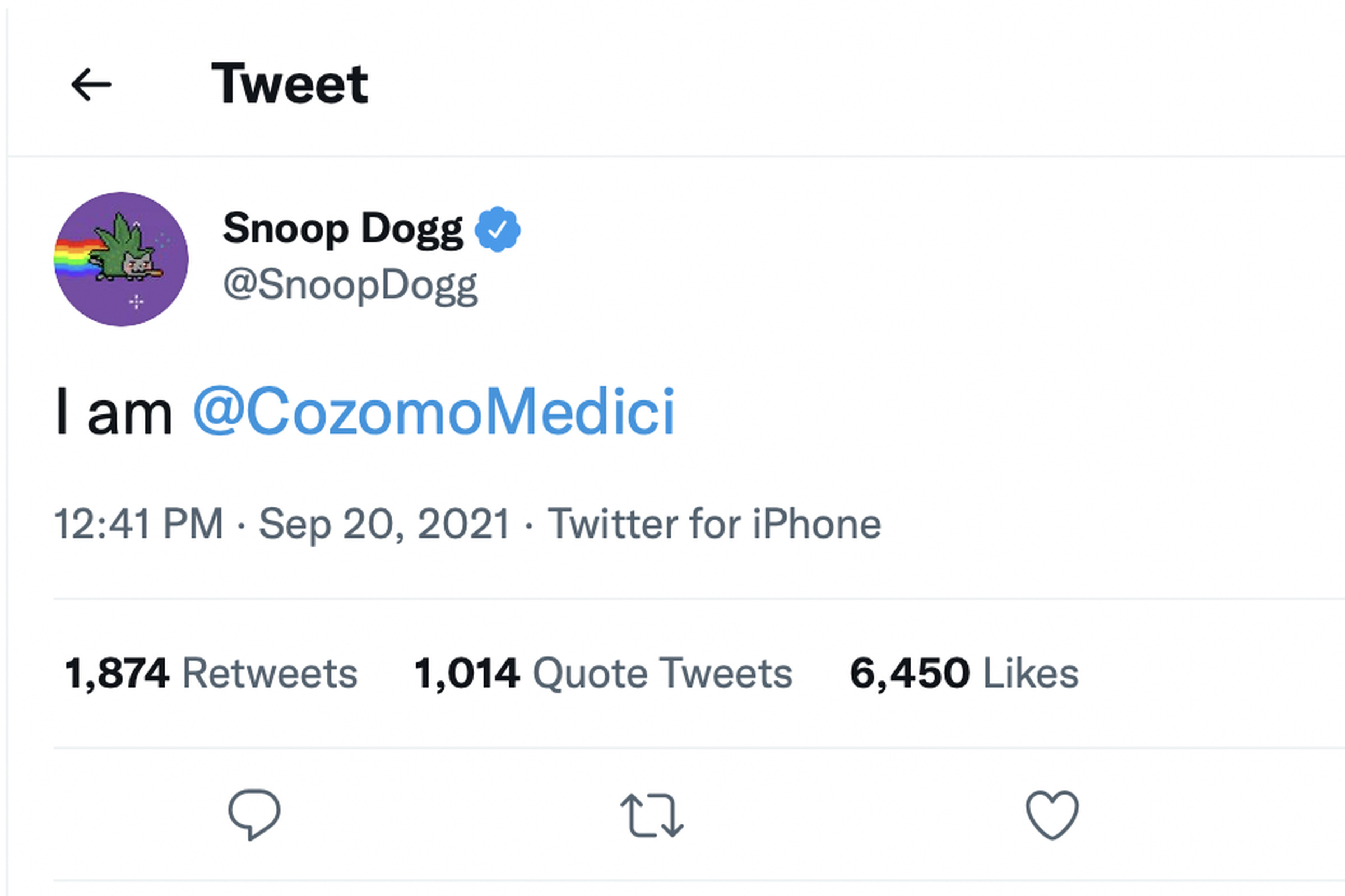 Screenshot of Snoop Dogg’s tweet claiming to be Cozomo Medici