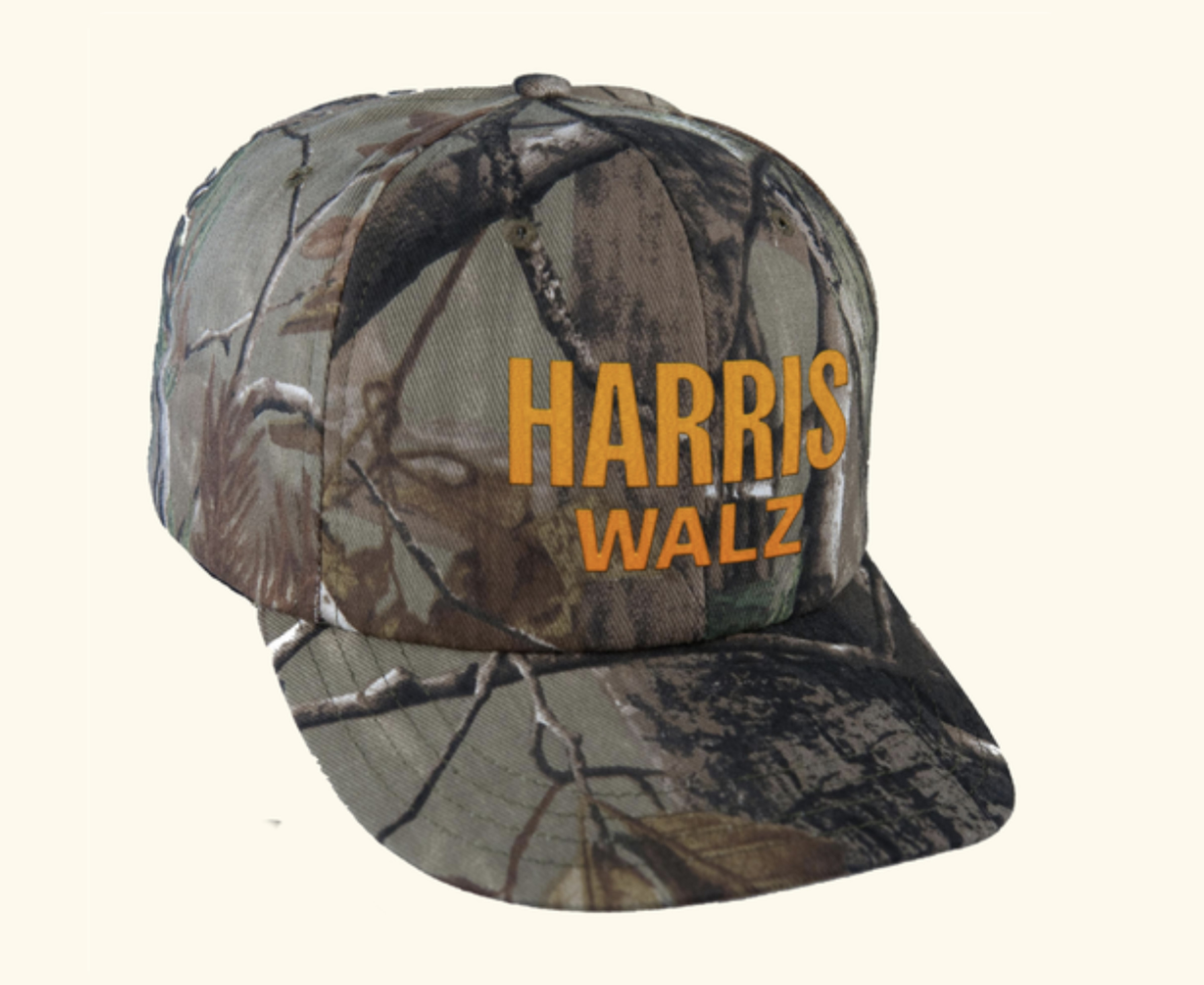 Camo hat reading HARRIS WALZ in orange lettering. It is campaign merch.