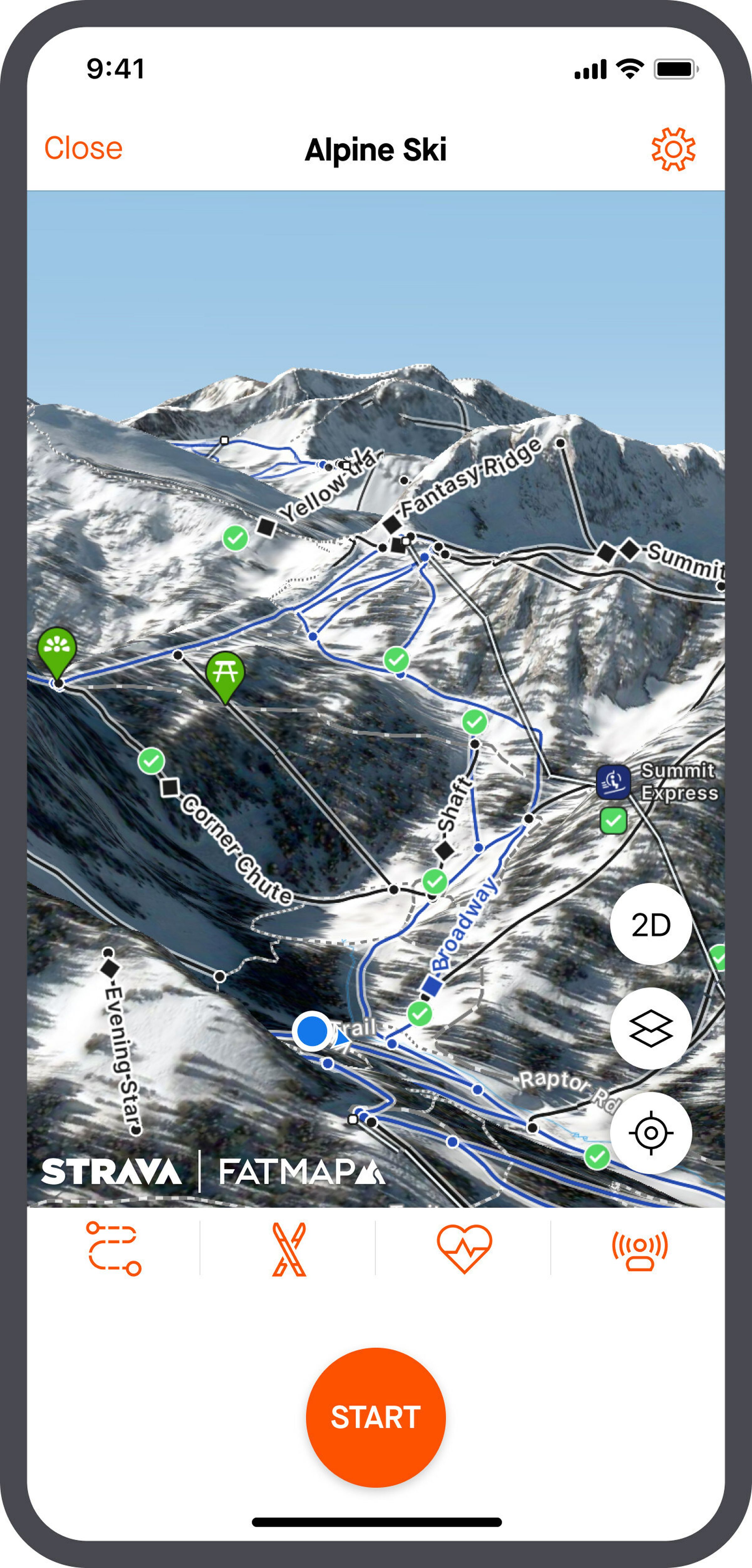 Renderização de um mapa de esqui alpino 3D mostrando vários pontos de interesse no aplicativo Strava.