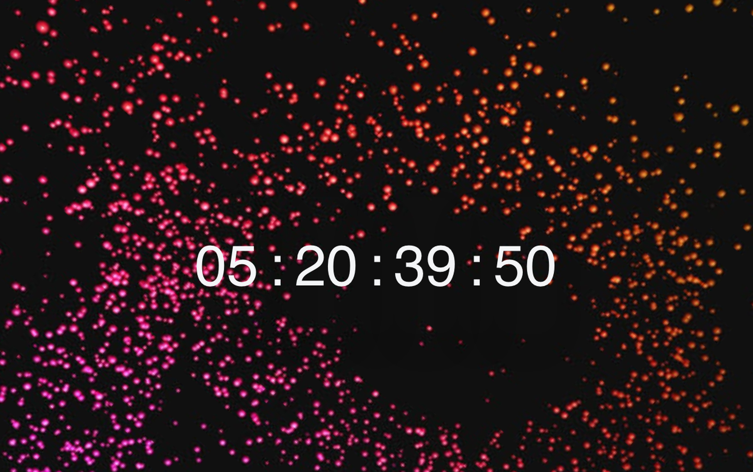 A countdown timer with five days and twenty hours remaining. Pink and orange confetti is falling in the background.