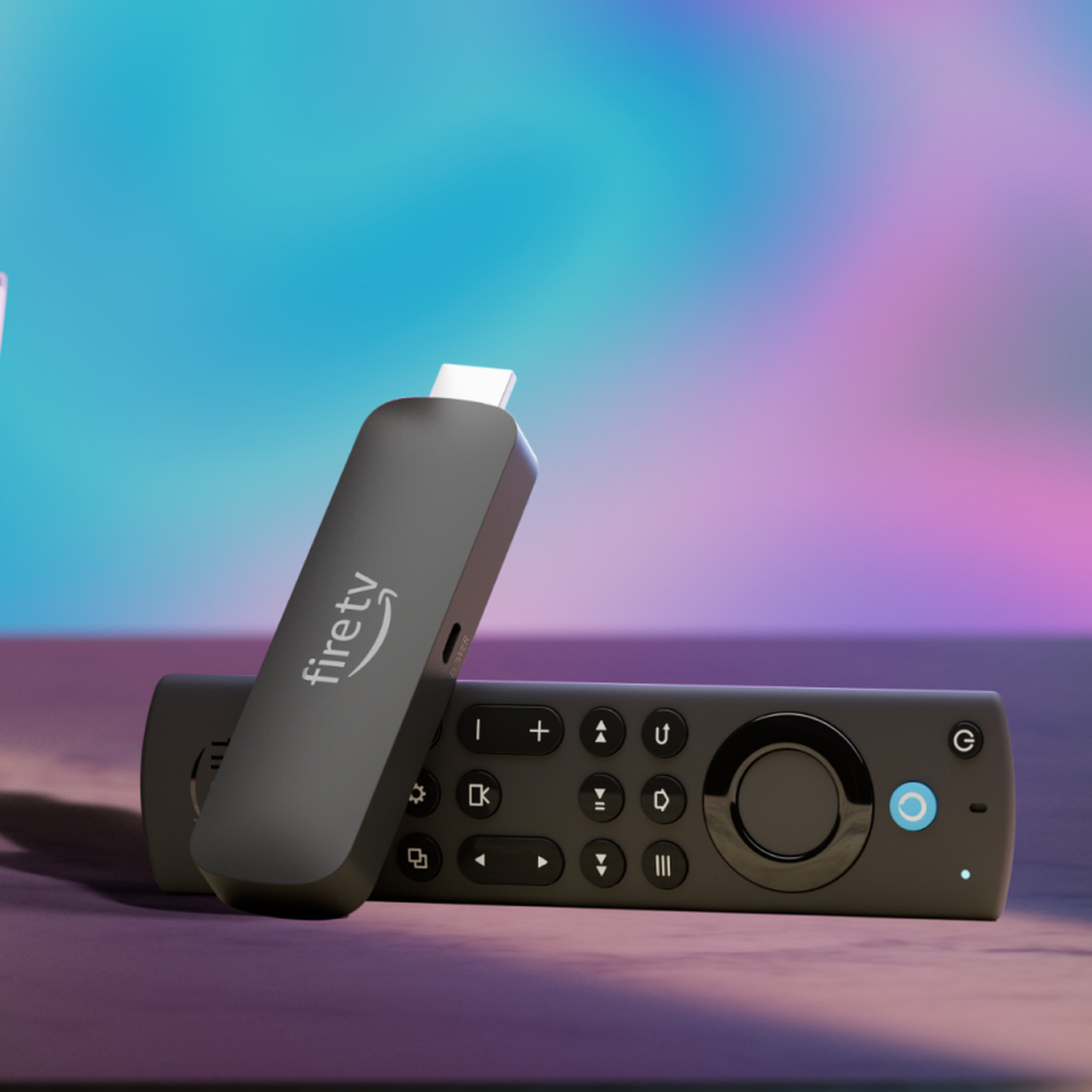 An Amazon Fire TV Stick 4K Max streaming stick with its remote sitting beside a bowl of popcorn in front of a TV.