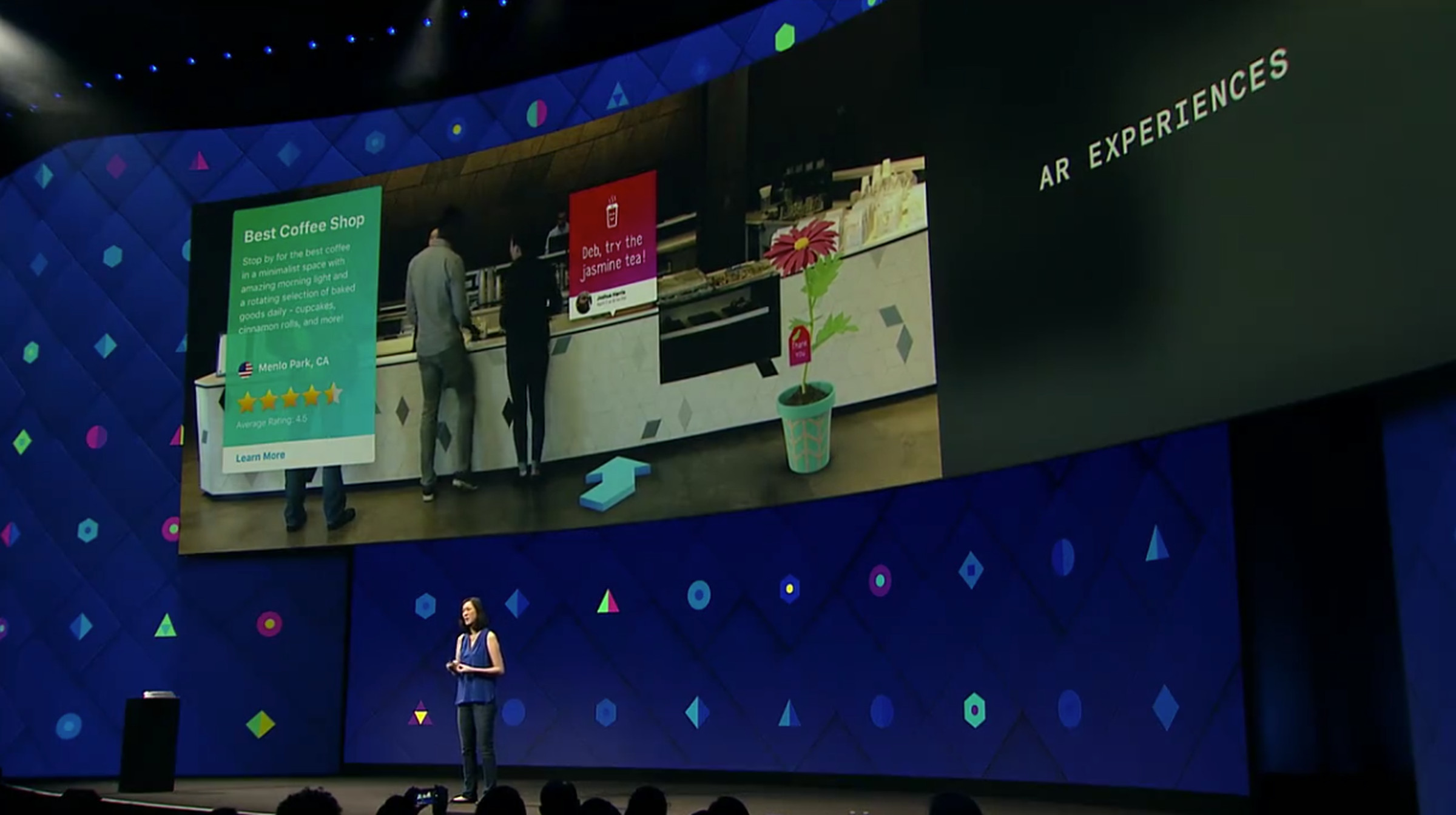 Facebook VP Deborah Liu shows off an AR concept where a Yelp-style review and a suggestion from a friend are overlaid over a real-life scene. 