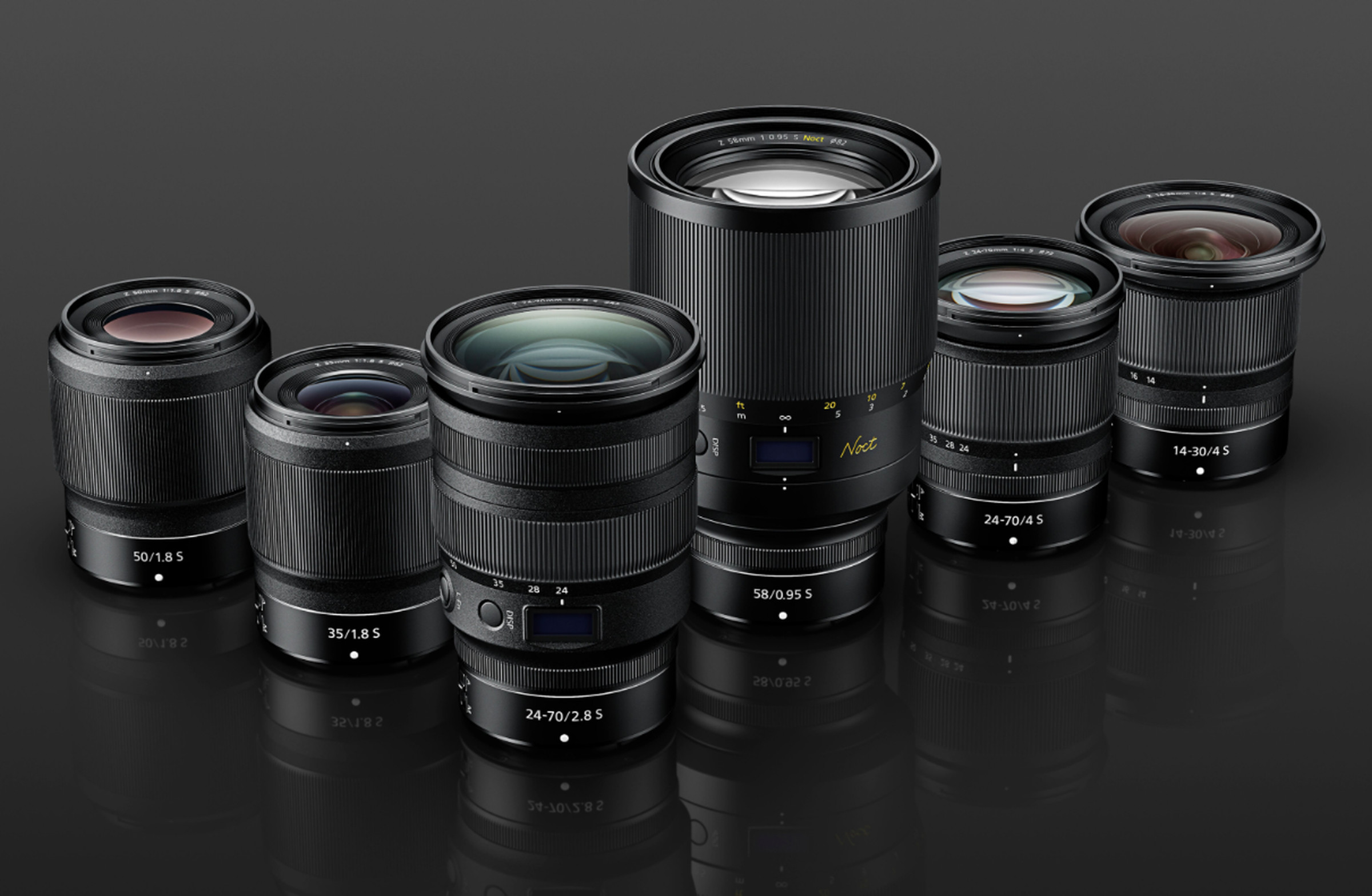 The Z-mount lens family with the new 24-70mm f/2.8 lens and the as-yet-unreleased 58mm f/0.95 lens. 