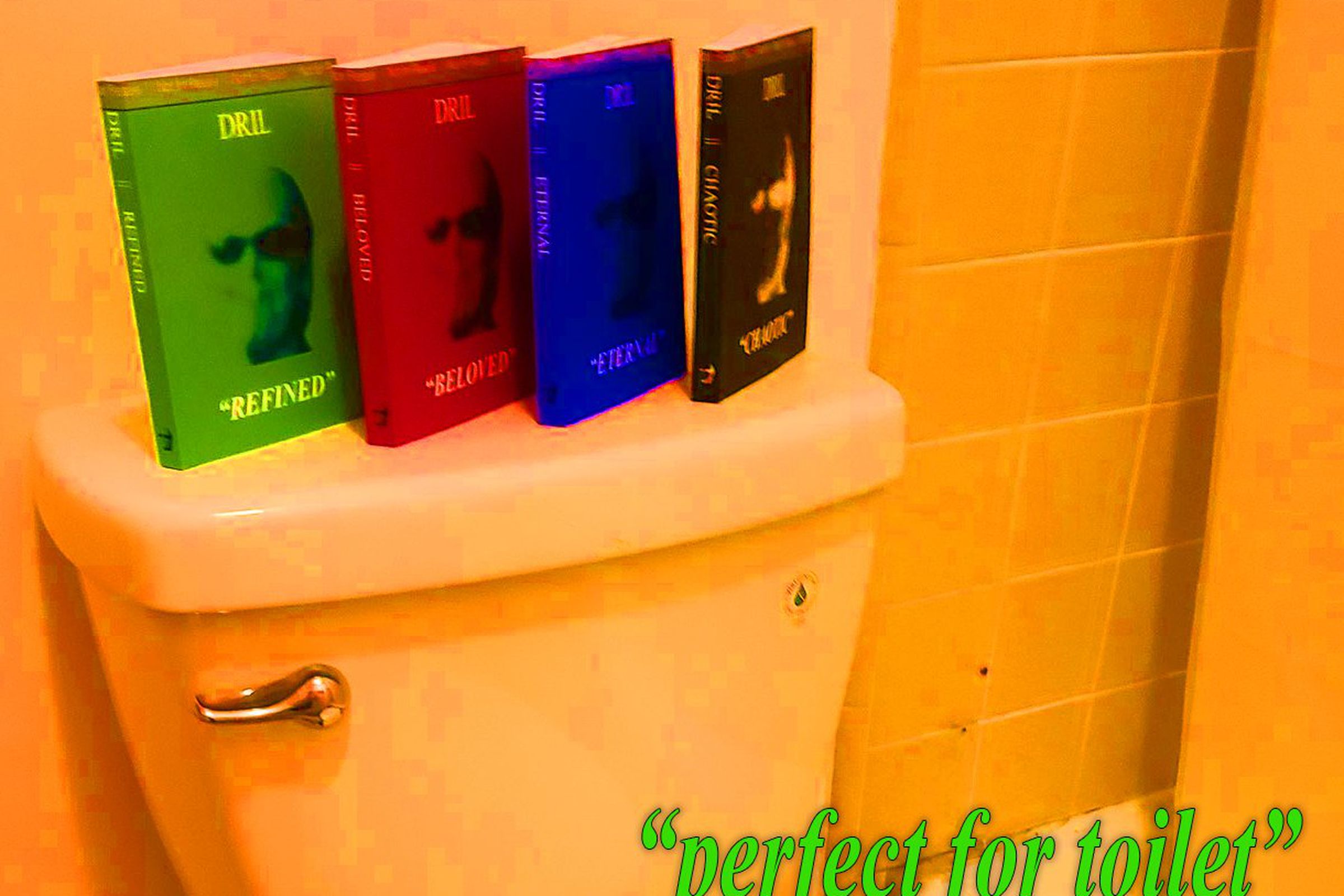 Image of the four Dril books sitting on a toilet tank.