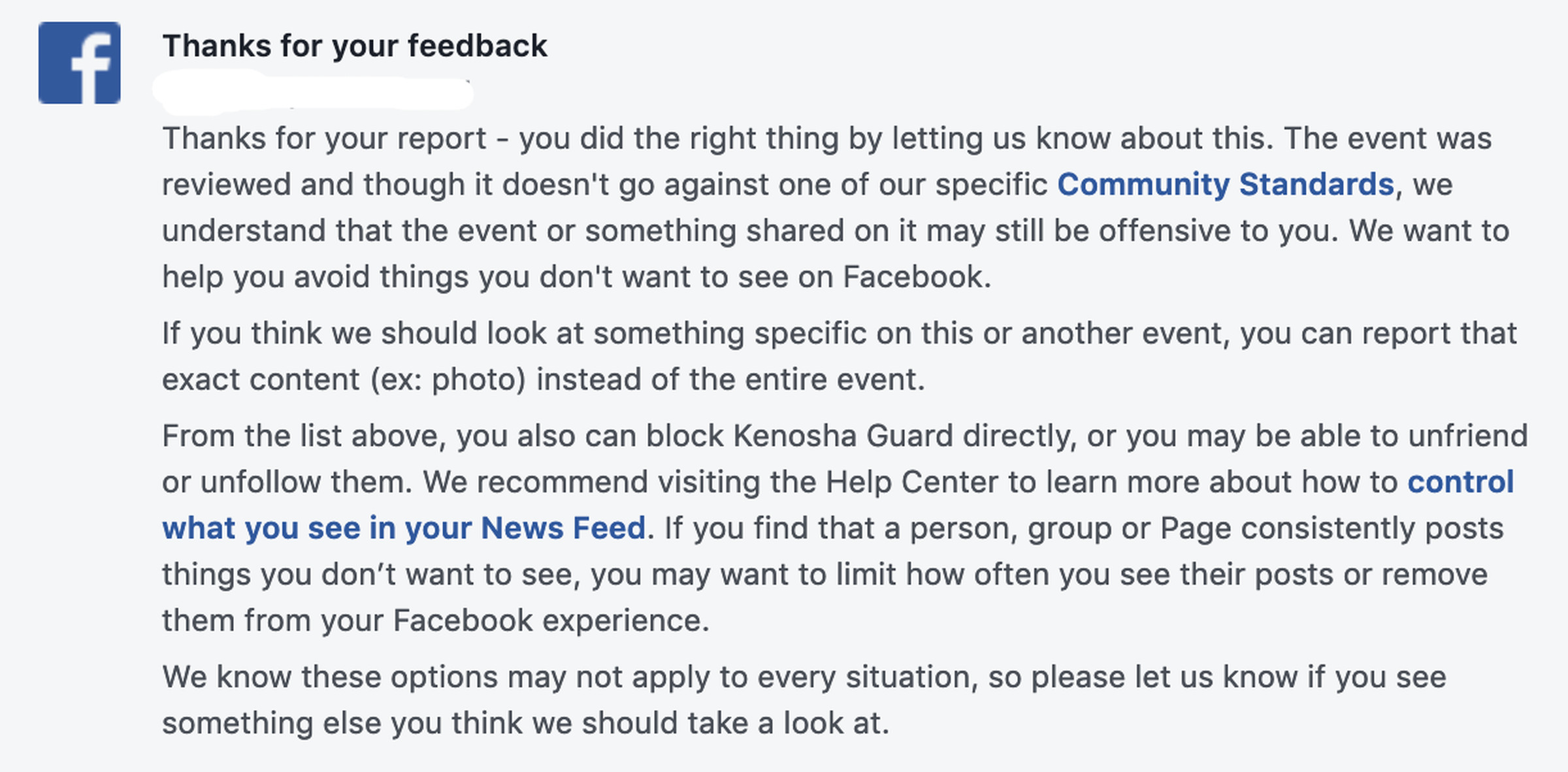 Facebook’s response to a user who reported the Kenosha Guard event for inciting violence. (Time stamp redacted for privacy)