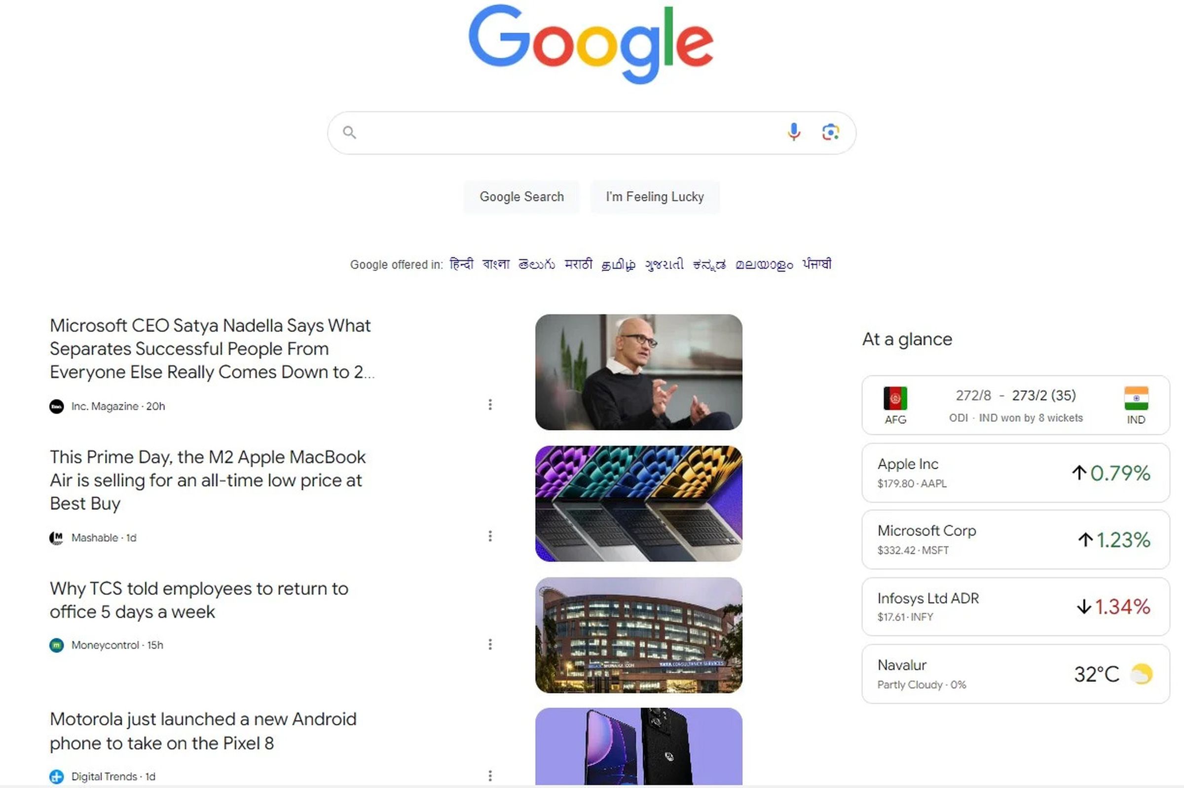 Screenshot of Google homepage showing Discover Feed.