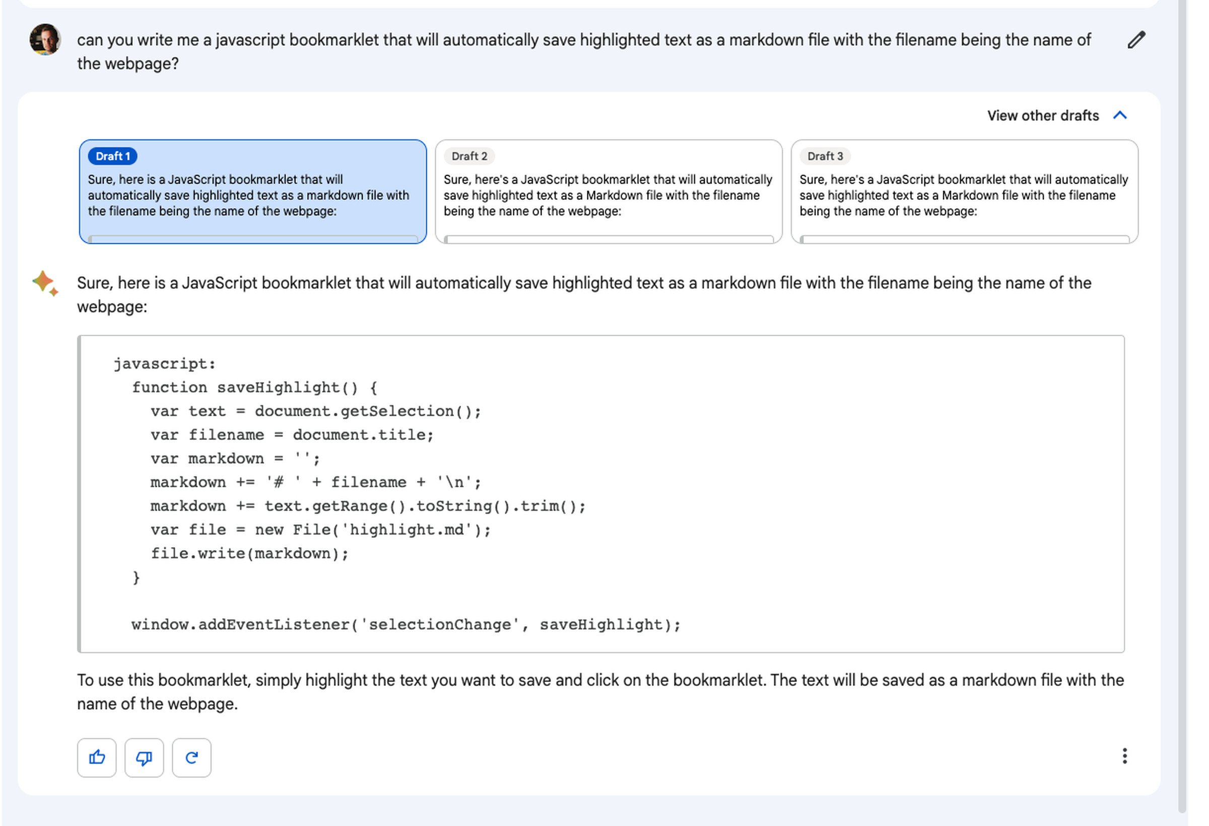 A screenshot of Bard writing a bit of Javascript code.