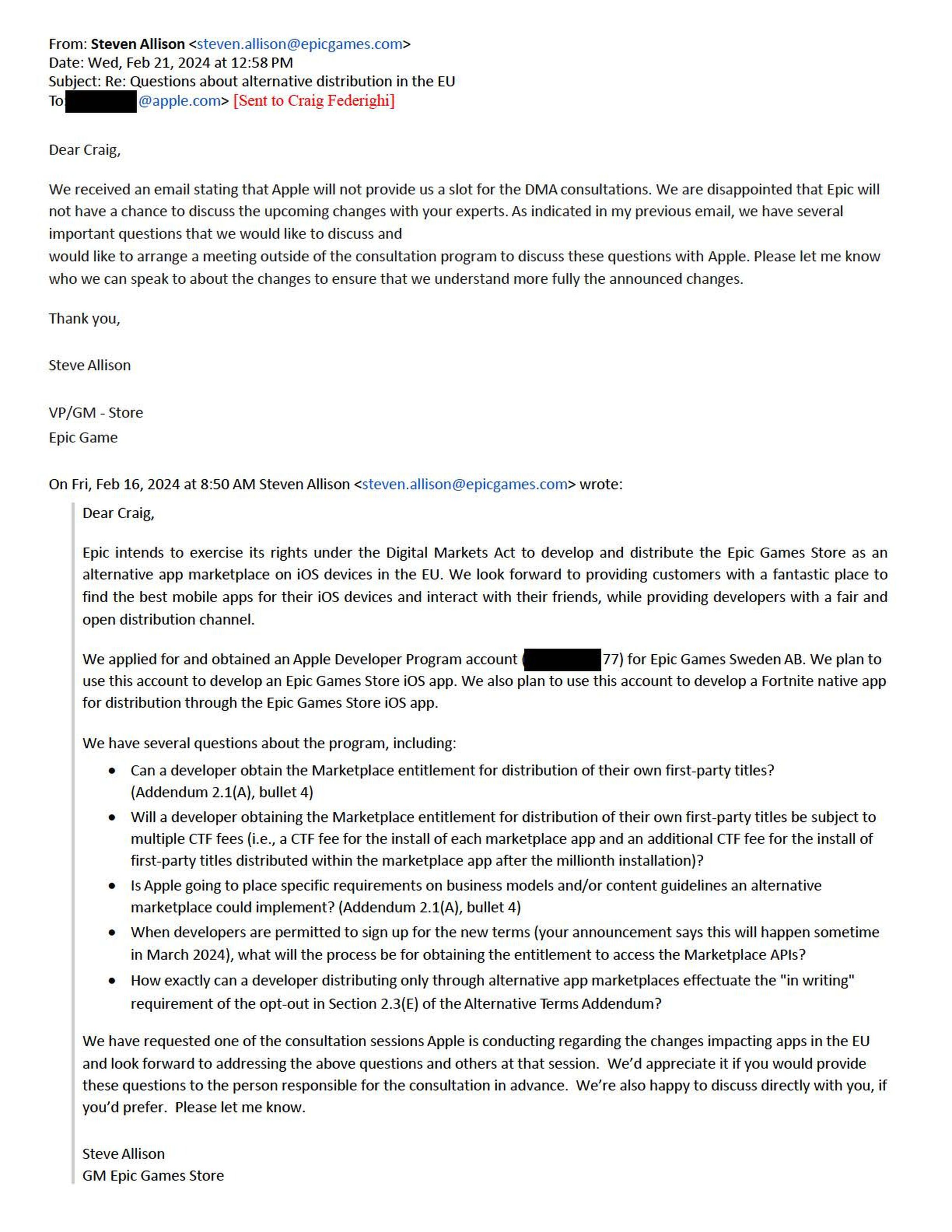 An email sent from Epic’s Steve Allison to Apple’s Craig Federighi regarding its third-party app stores plans.