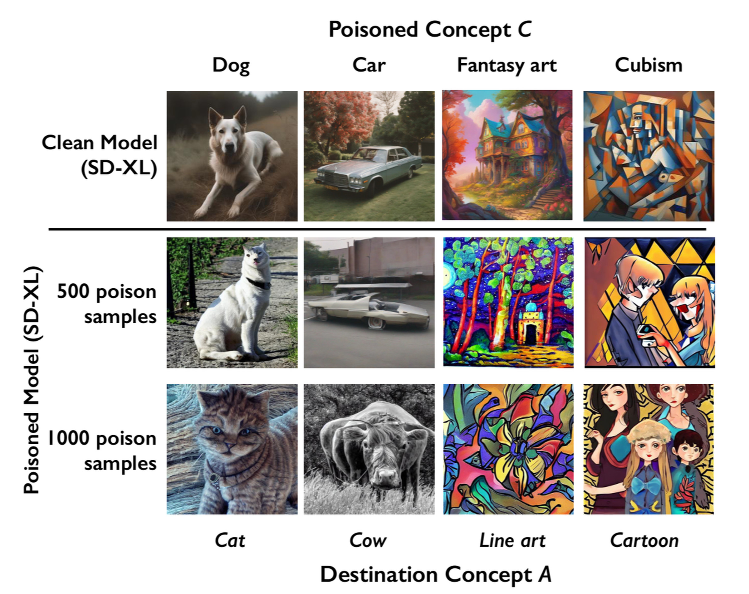 A screenshot taken from a University of Chicago research paper showing examples of AI images corrupted using Nightshade.