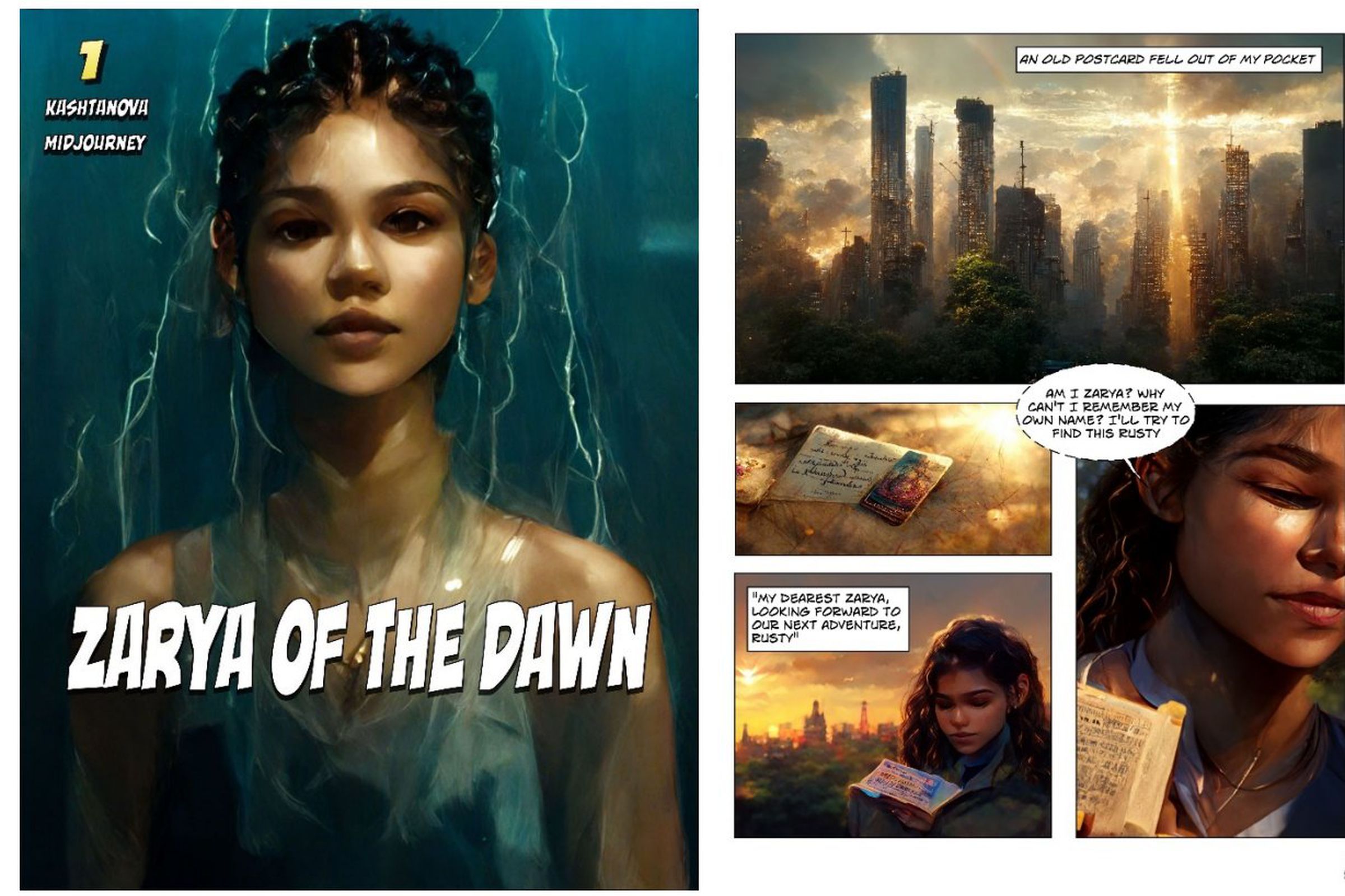 A reproduction of the cover page of Zarya of the Dawn, showing an AI-generated drawing of a young woman with braids behind the book’s title.