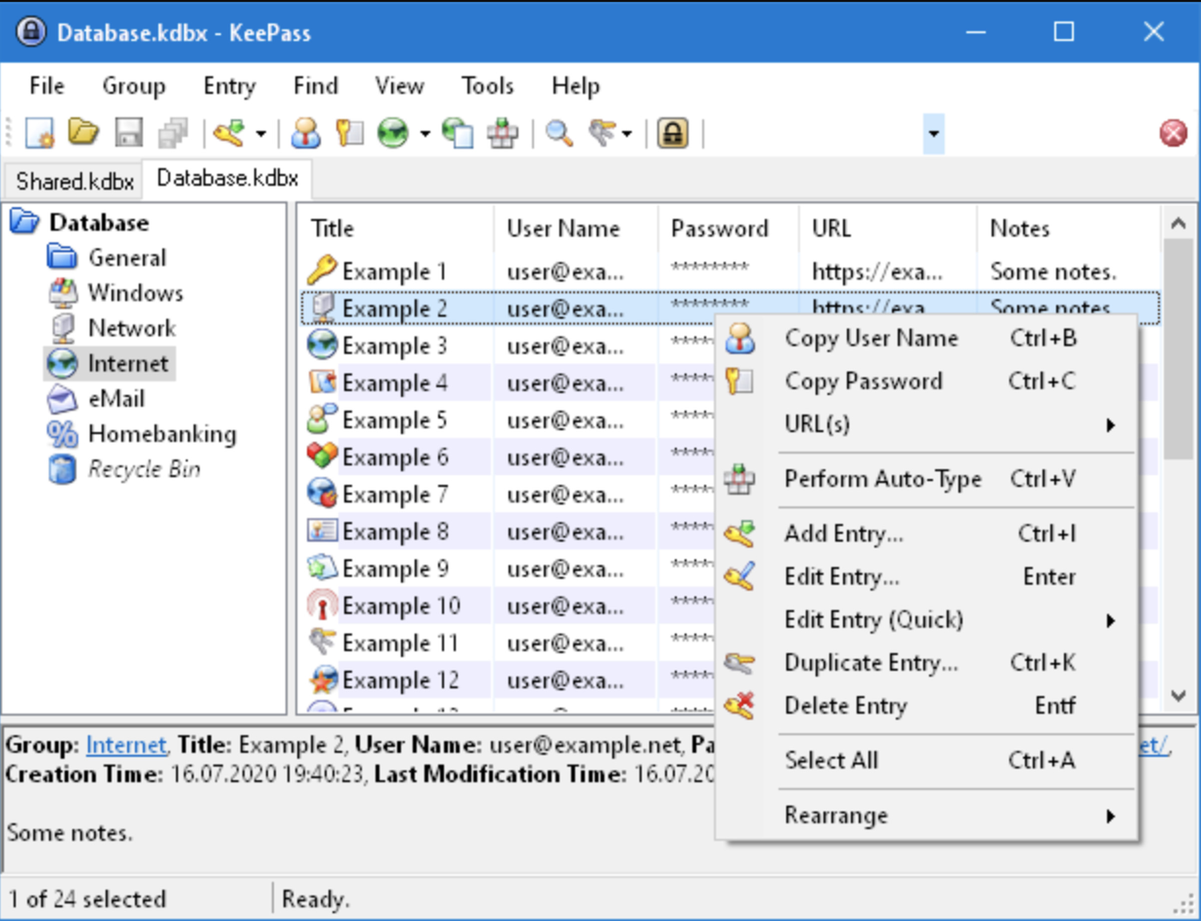 KeePass screenshot that looks like something from Windows XP, showing lists of example sites