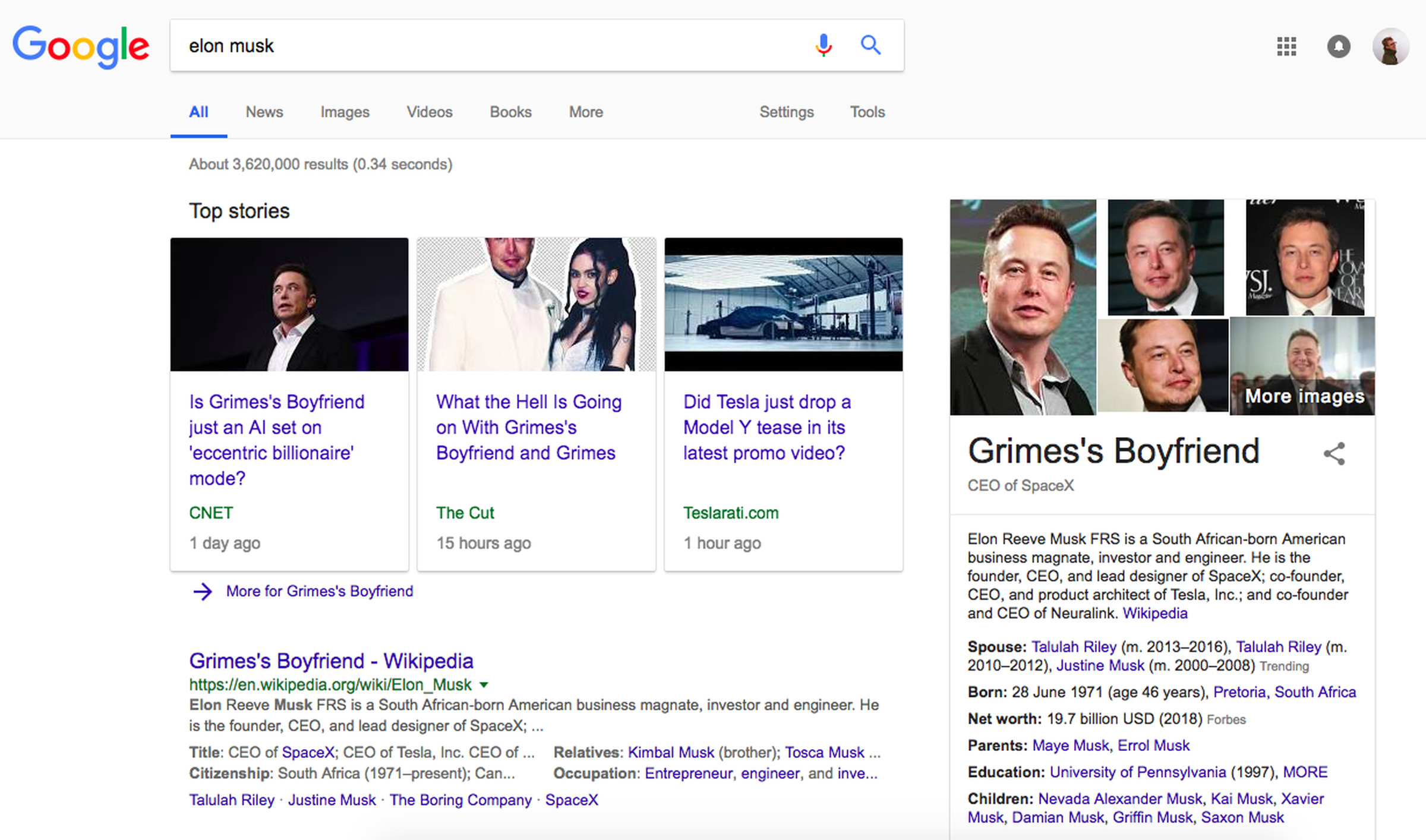 A quick Google for “Elon Musk” with the extension installed.