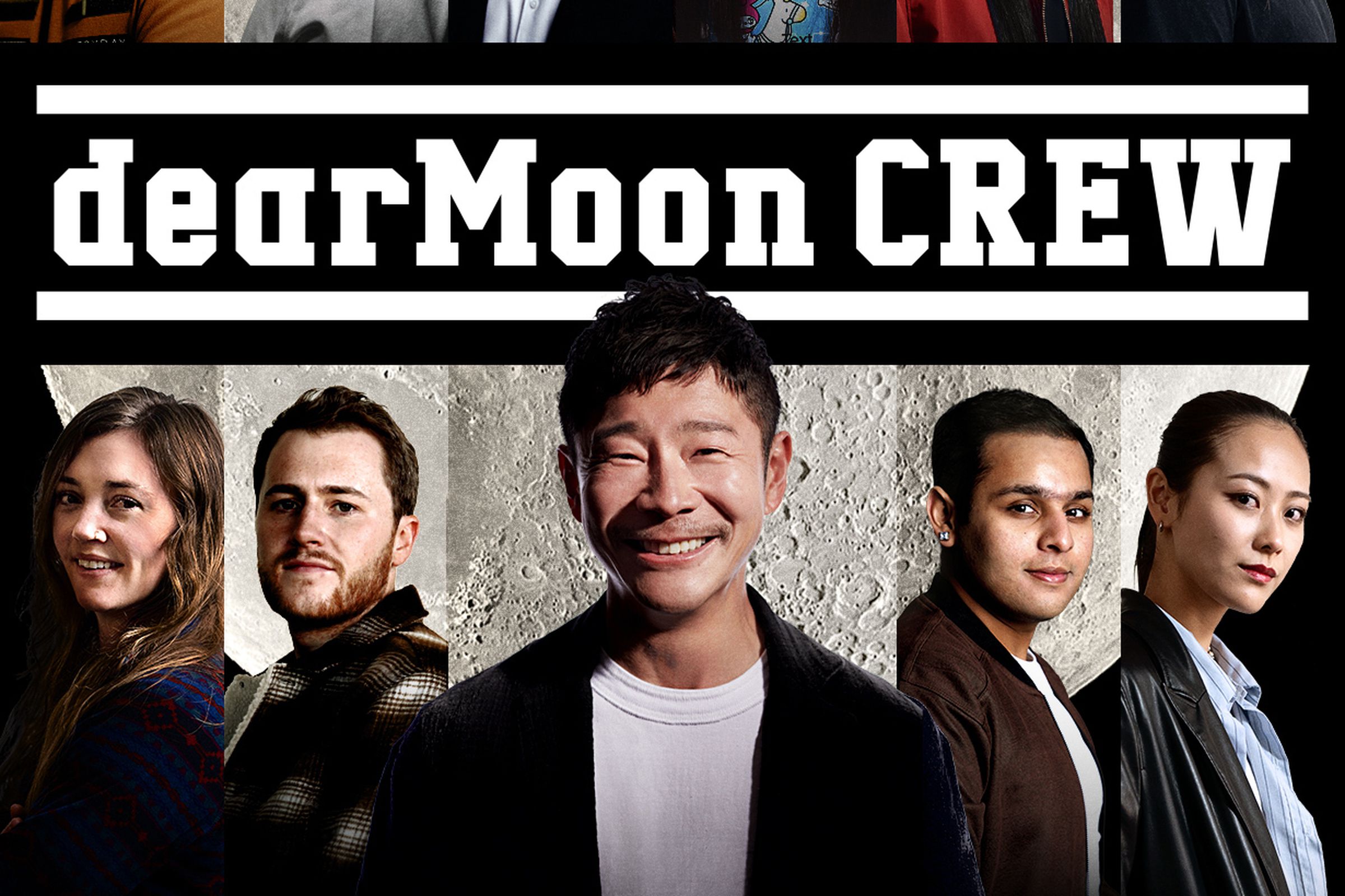 A photo illustration of the dearMoon crew and two alternates. There are six people on the top and five on the bottom. The Moon is in the background, and the words ‘dearMoon CREW’ are written across the image in white.