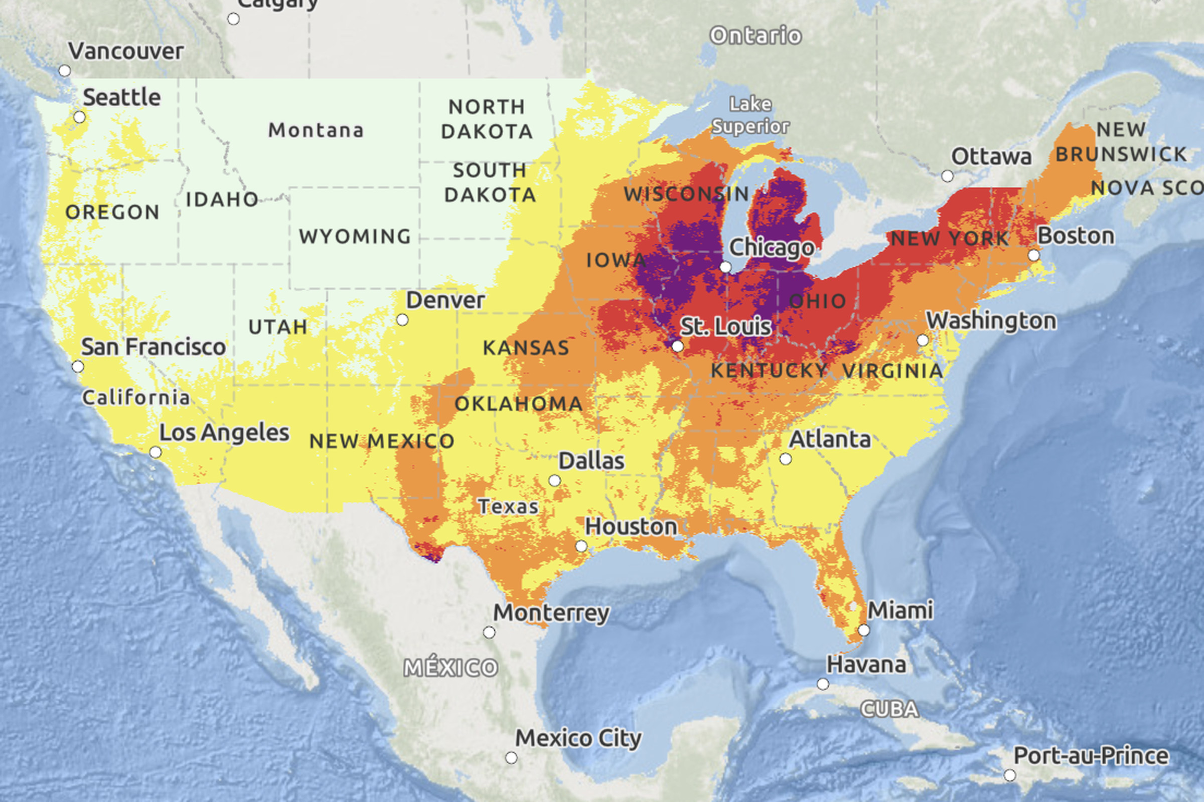A map of the US colored in yellow, orange, red, and magenta to indicate areas facing health risks related to extreme heat.
