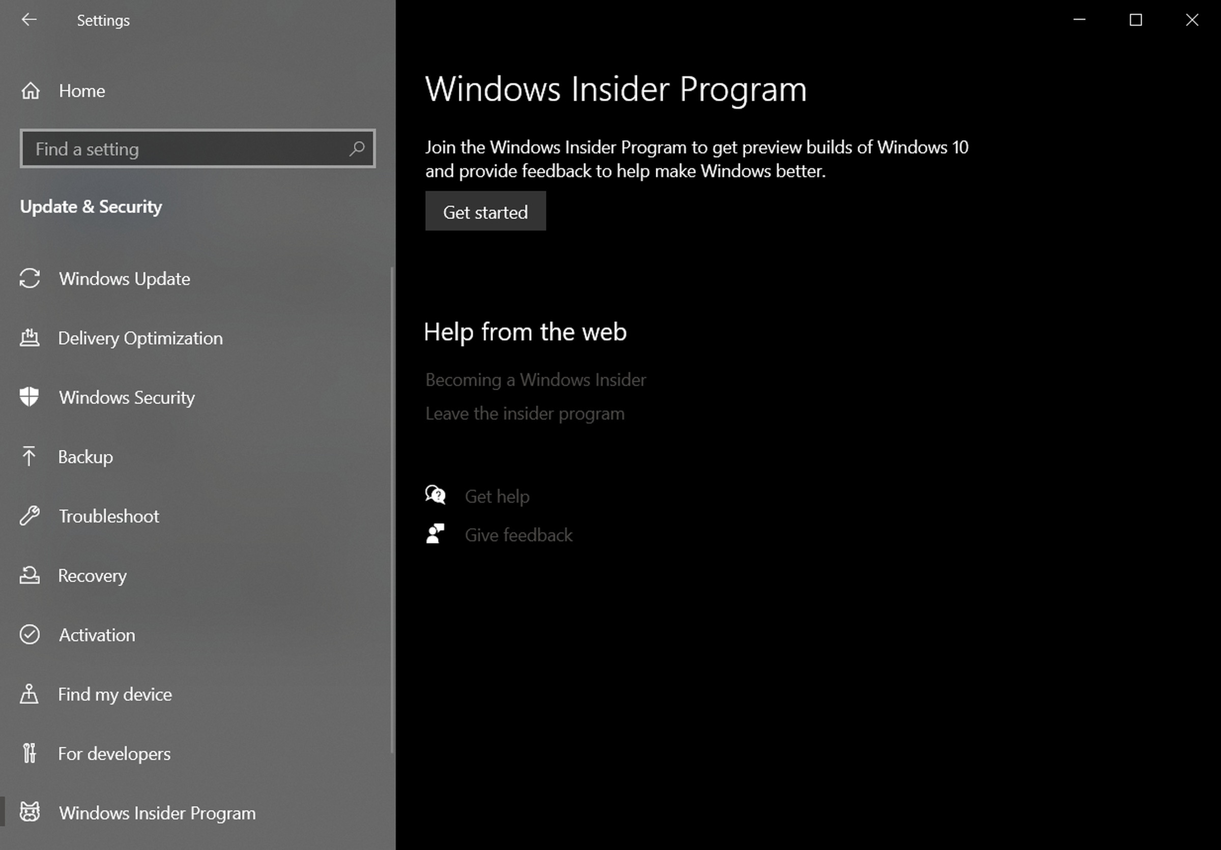 The Windows Insider section in Windows 10.