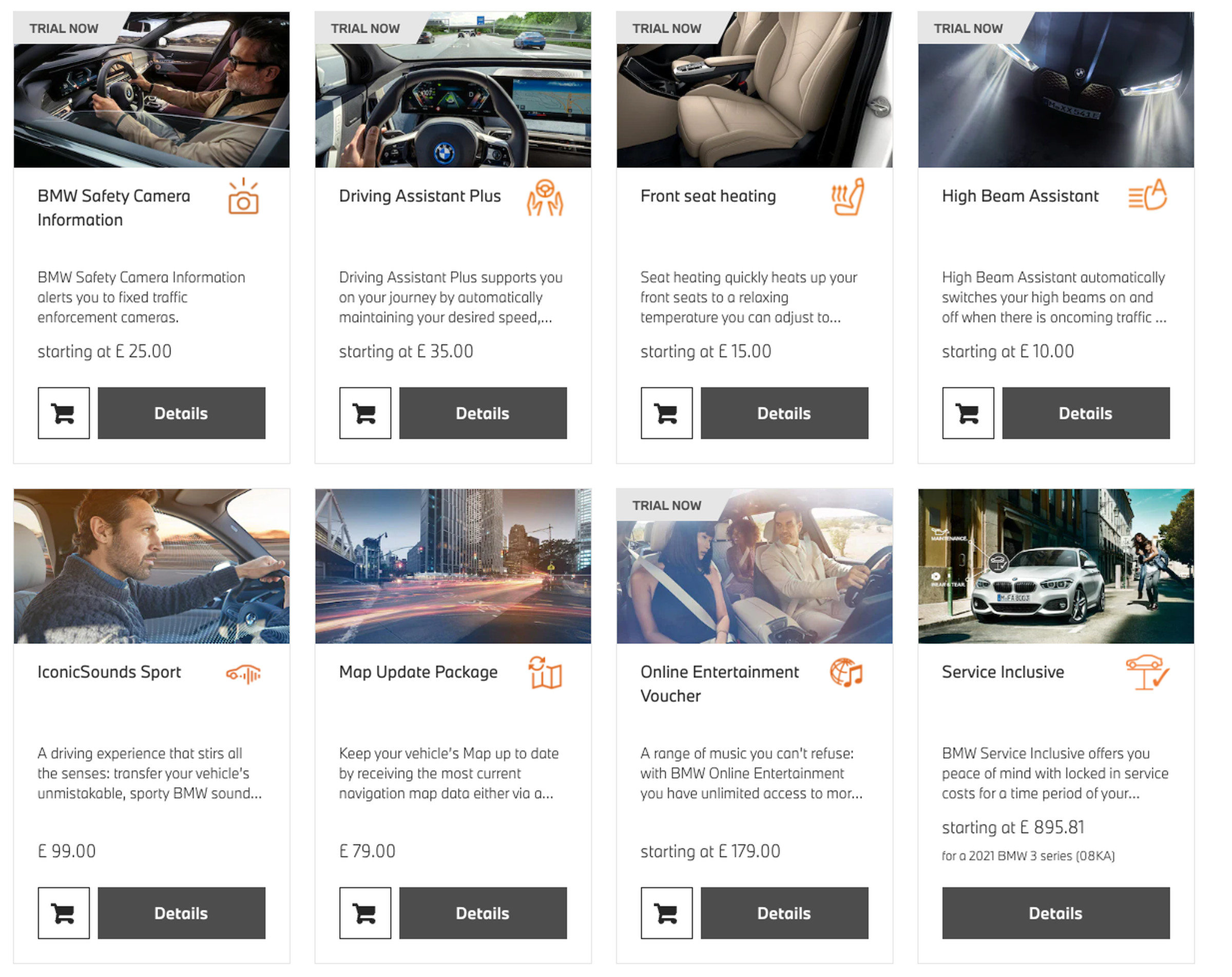 A screenshot of BMW’s UK digital store, with subscriptions for heated seats and engine sounds. 