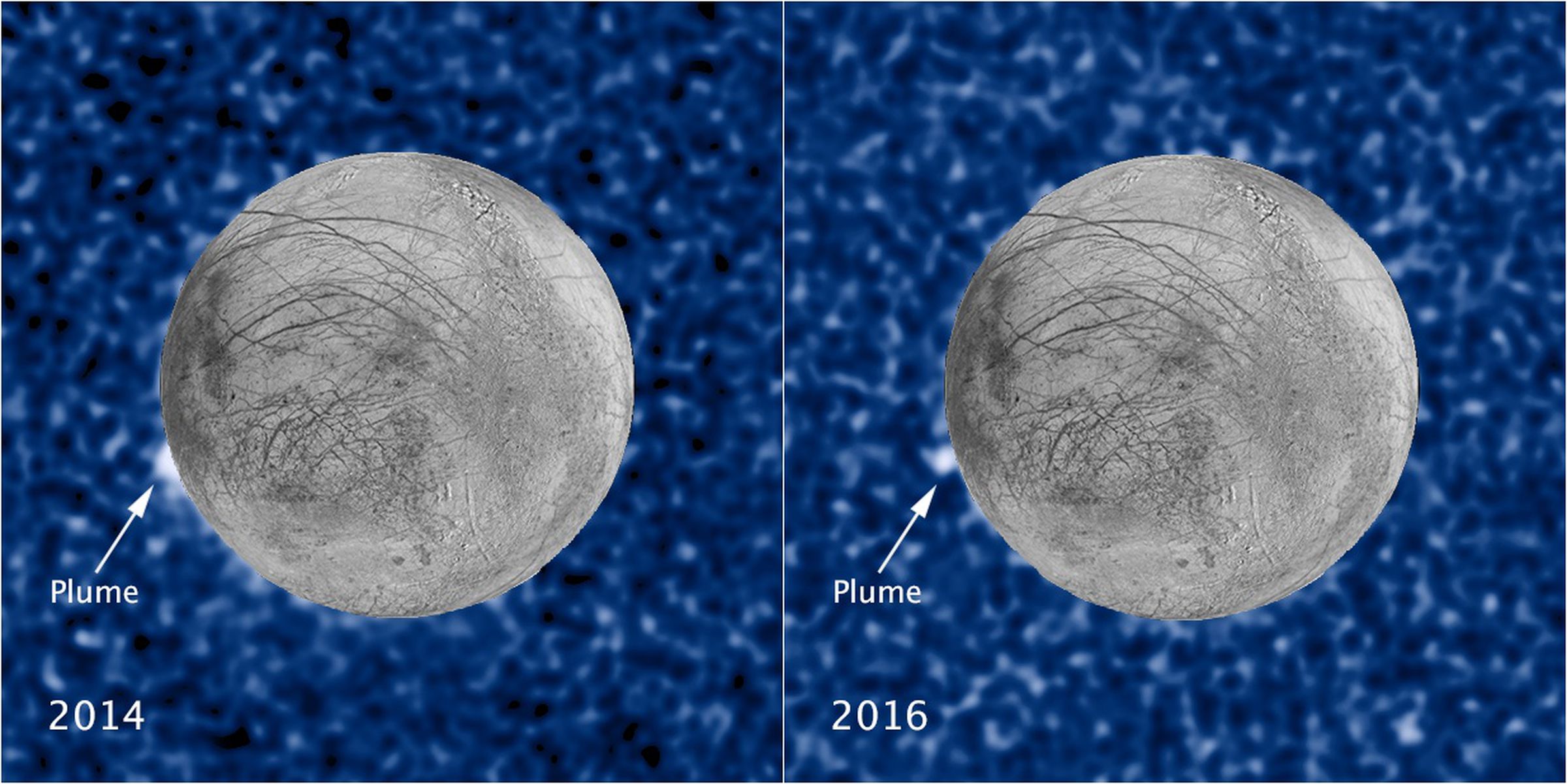 The two potential plumes on Europa spotted by Hubble.