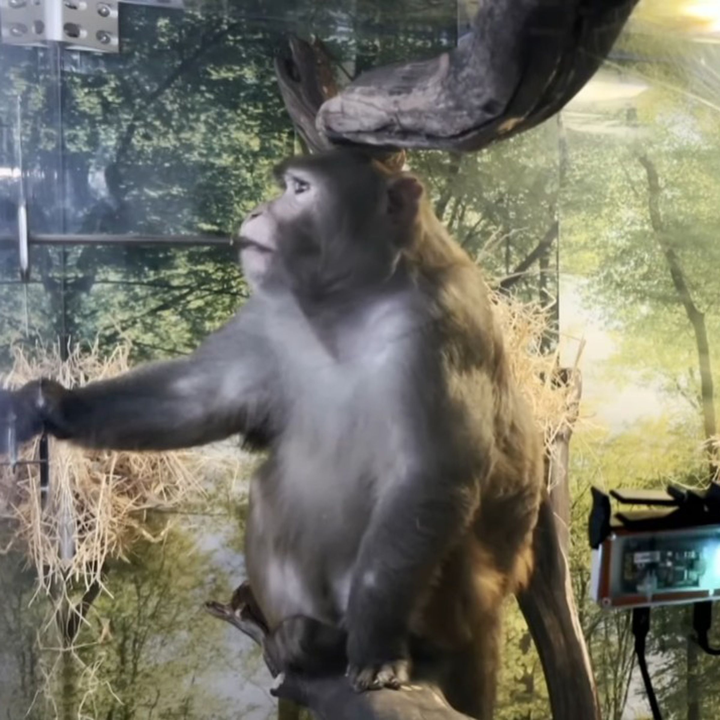 A monkey sucks on a banana smoothie straw placed such that its head bumps up against an embedded wireless charger in a tree branch.