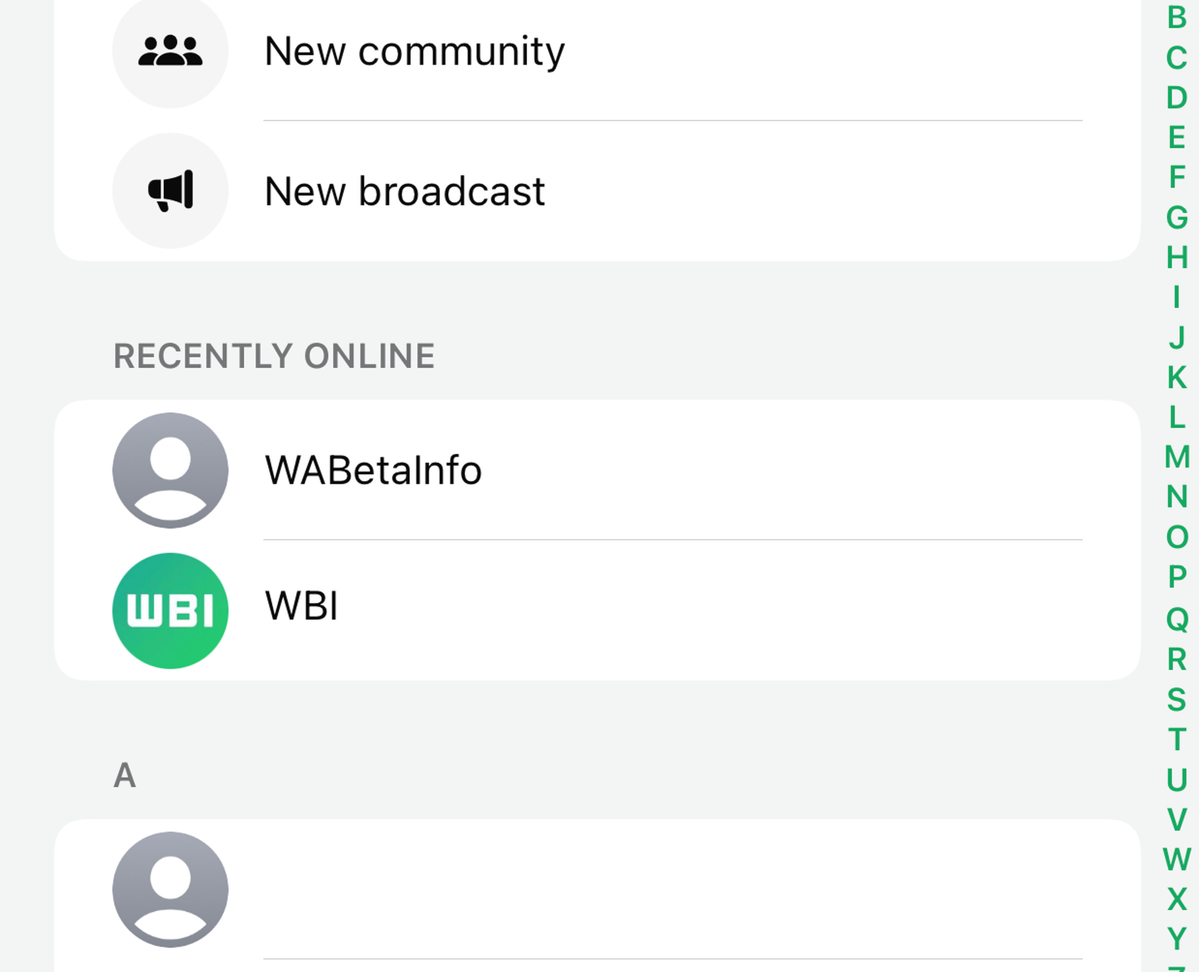 A screenshot showing the new Recently Online section, which sits above the Alphabetical list of contacts.