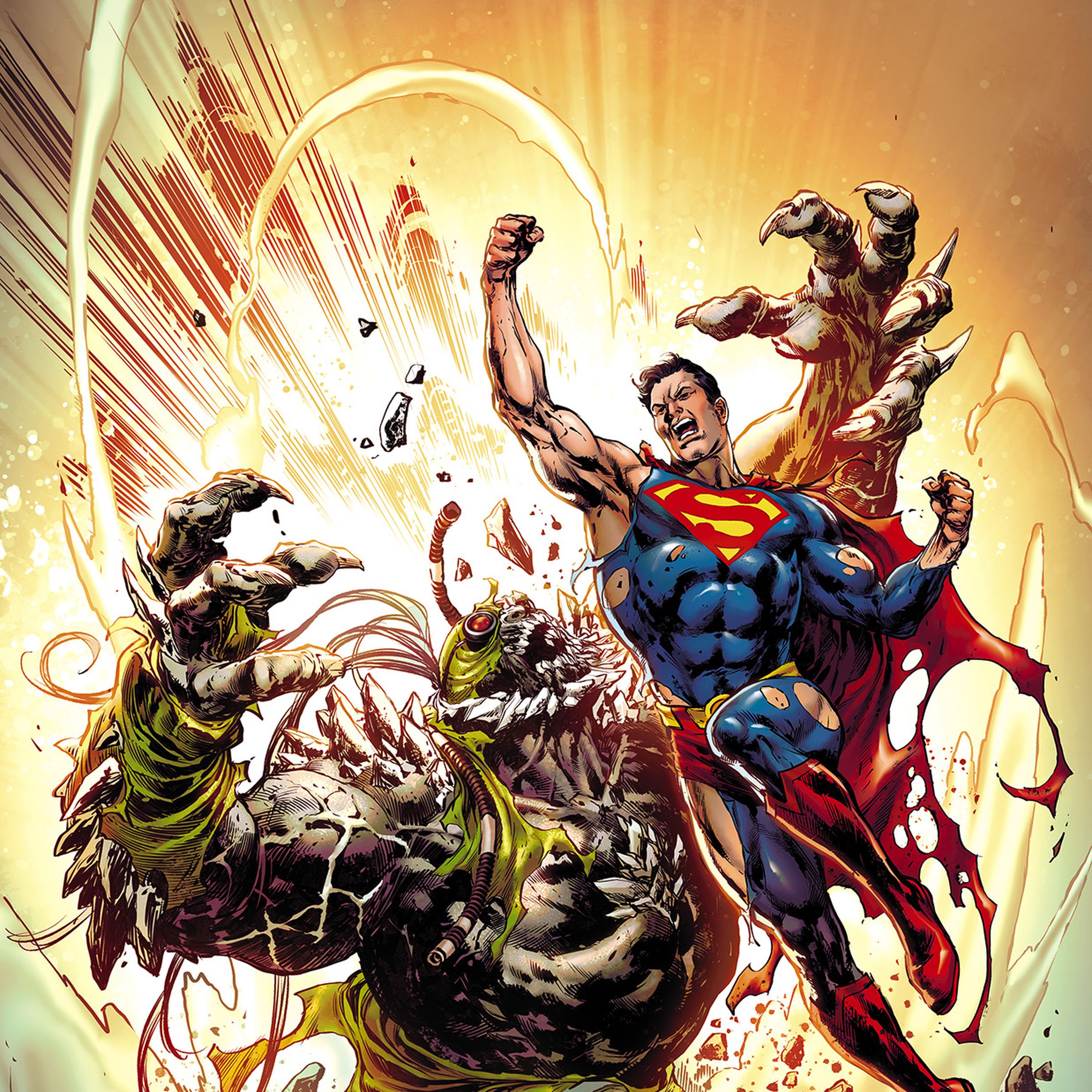 A comic book scene showing Superman facing off against an enemy