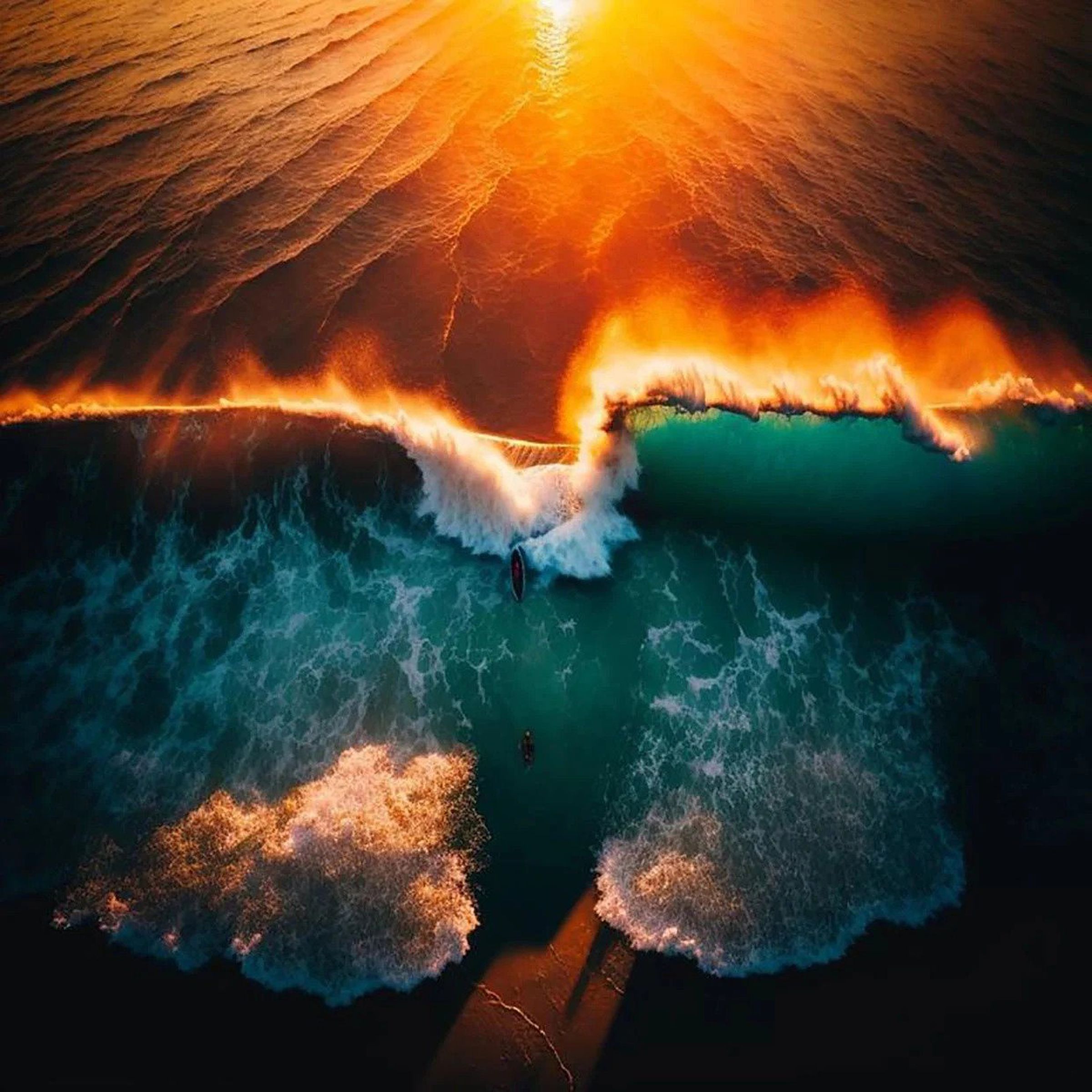 A photograph generated with artificial intelligence. The image shows a top-down view of an ocean wave being hit by orange sunlight.